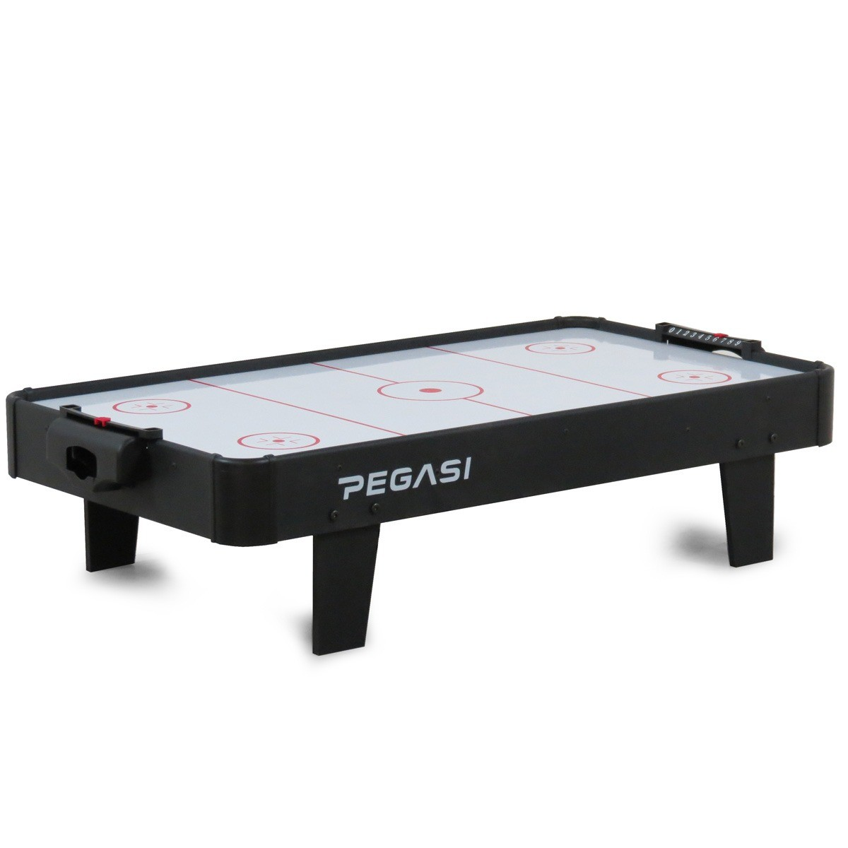 Een zwarte airhockeytafel voor op tafel met witte en rode markeringen.