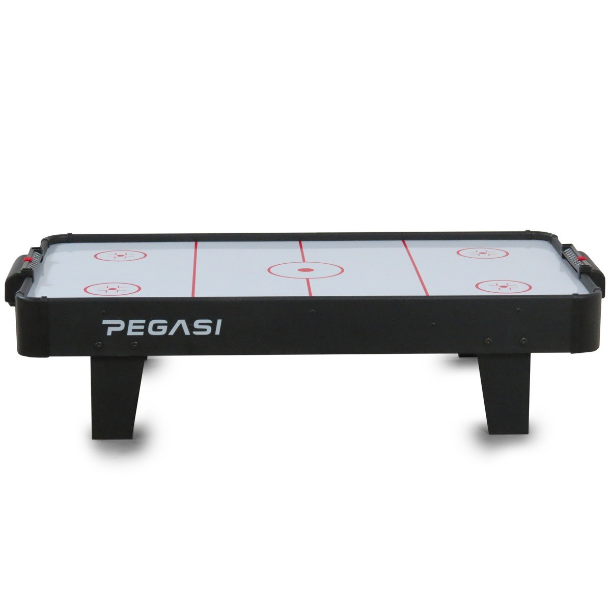 Een zwarte airhockeytafel met rode markeringen en vier poten.