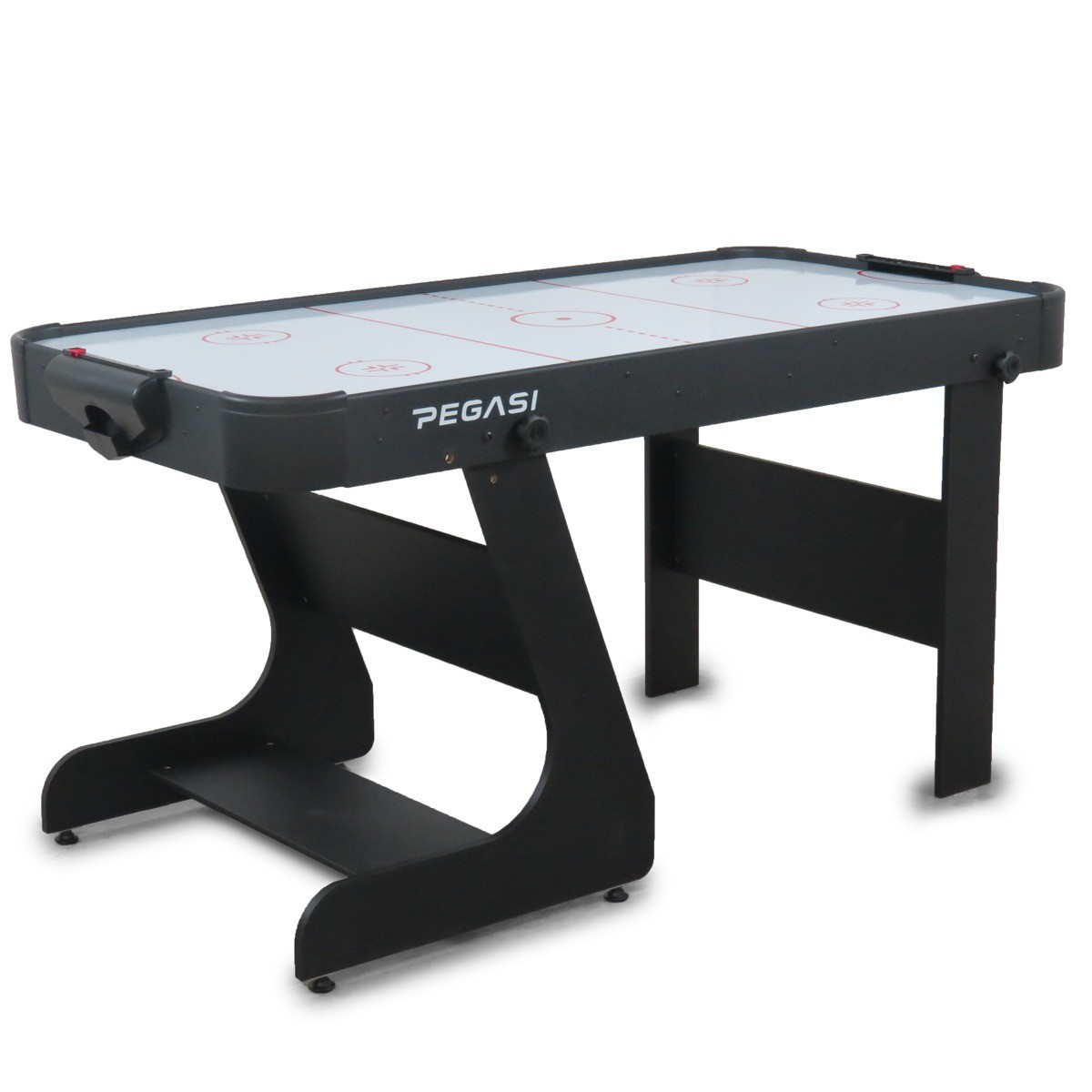 A black air hockey table with a white playing surface and red markings.