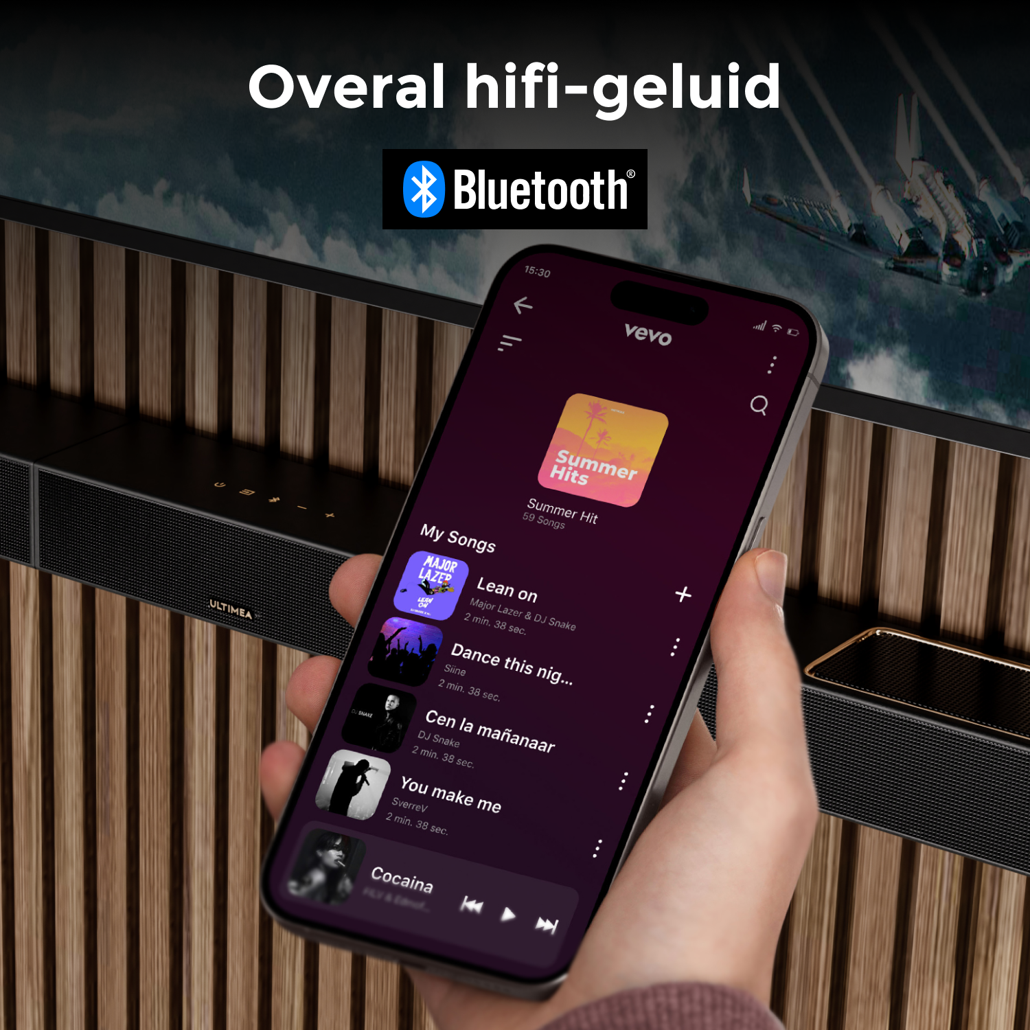 A smartphone displays a music app, connected via Bluetooth to a soundbar.