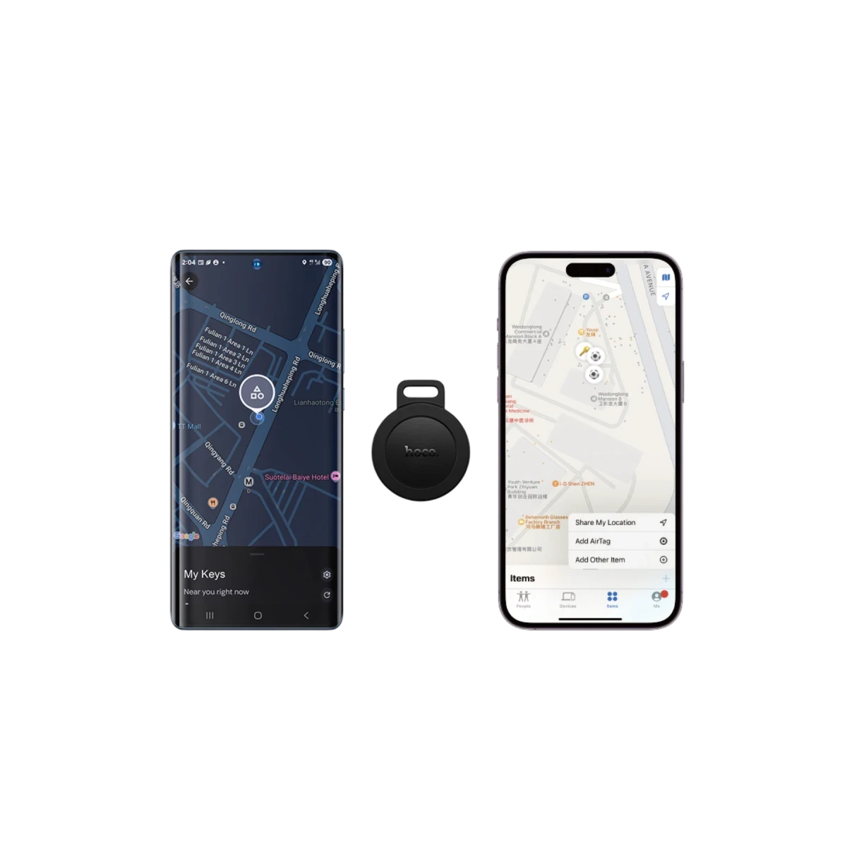 Zwei Smartphones und ein schwarzer Tracker auf schwarzem Hintergrund. Eine Karte ist auf beiden Handys.