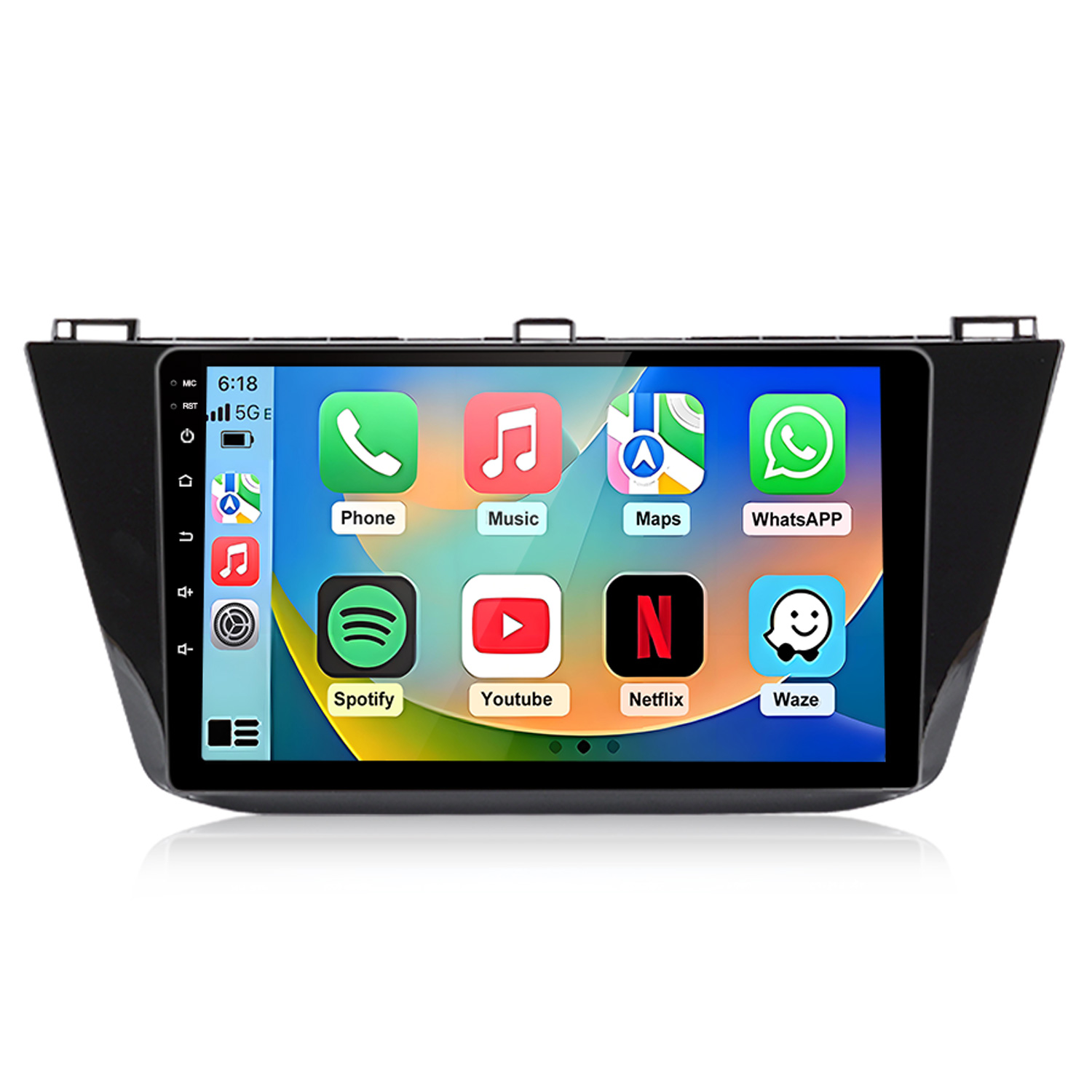 Schermo autoradio con icone app: Telefono, Musica, Mappe, WhatsApp, Spotify, YouTube, Netflix e Waze.
