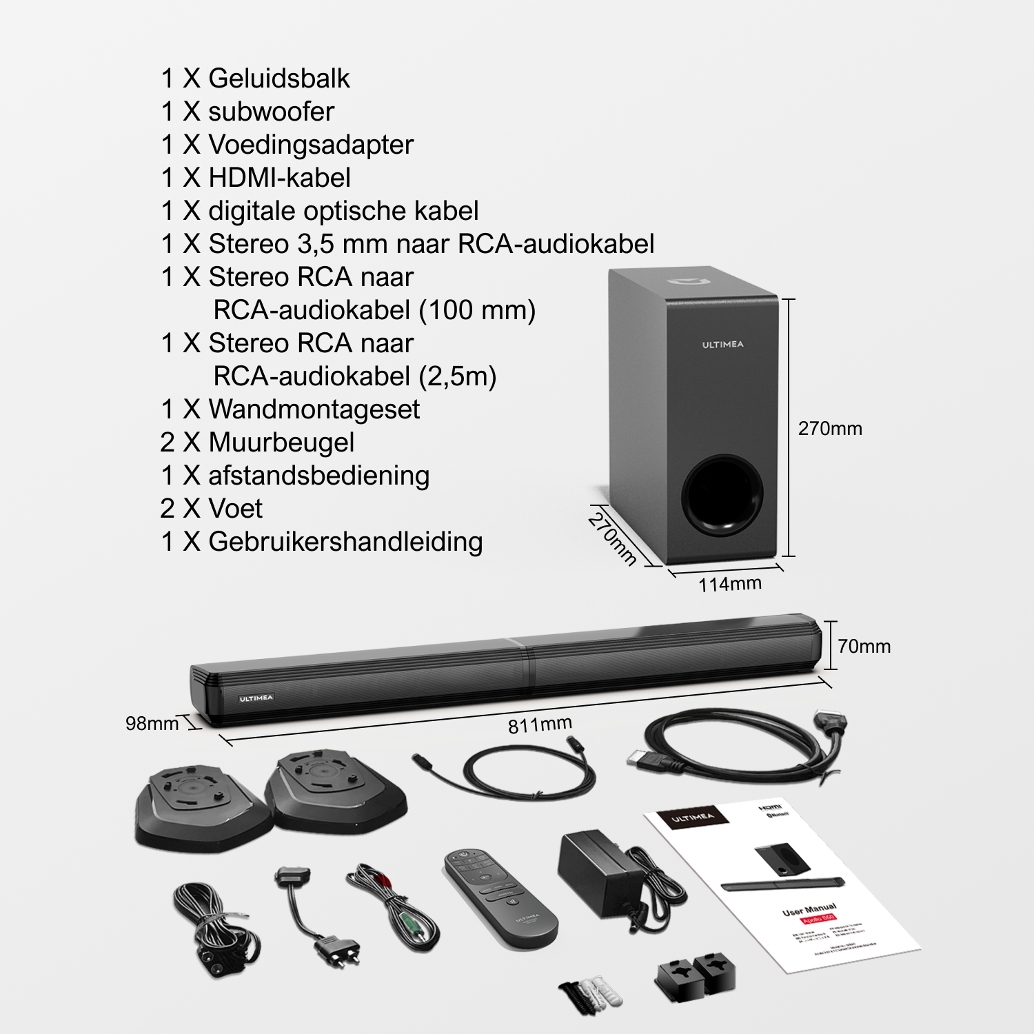 Soundbar, subwoofer, stroomadapters en kabels met afstandsbediening.