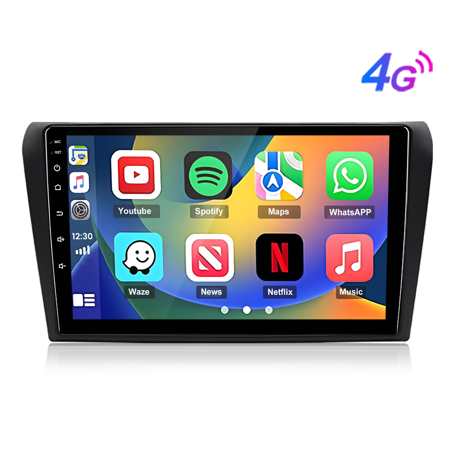 Ein Autoradio-Touchscreen zeigt Apps wie YouTube, Spotify, Maps, WhatsApp, Waze, News, Netflix und Musik. 4G-Symbol oben rechts.
