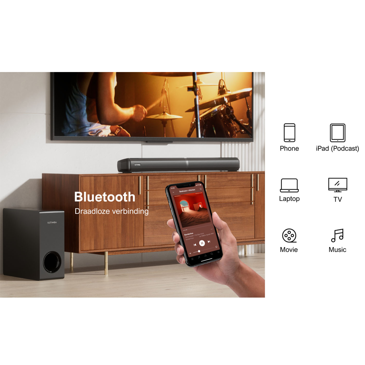 Een smartphone verbindt via Bluetooth met een soundbar. Iconen tonen Telefoon, Laptop, TV, Film en Muziek.
