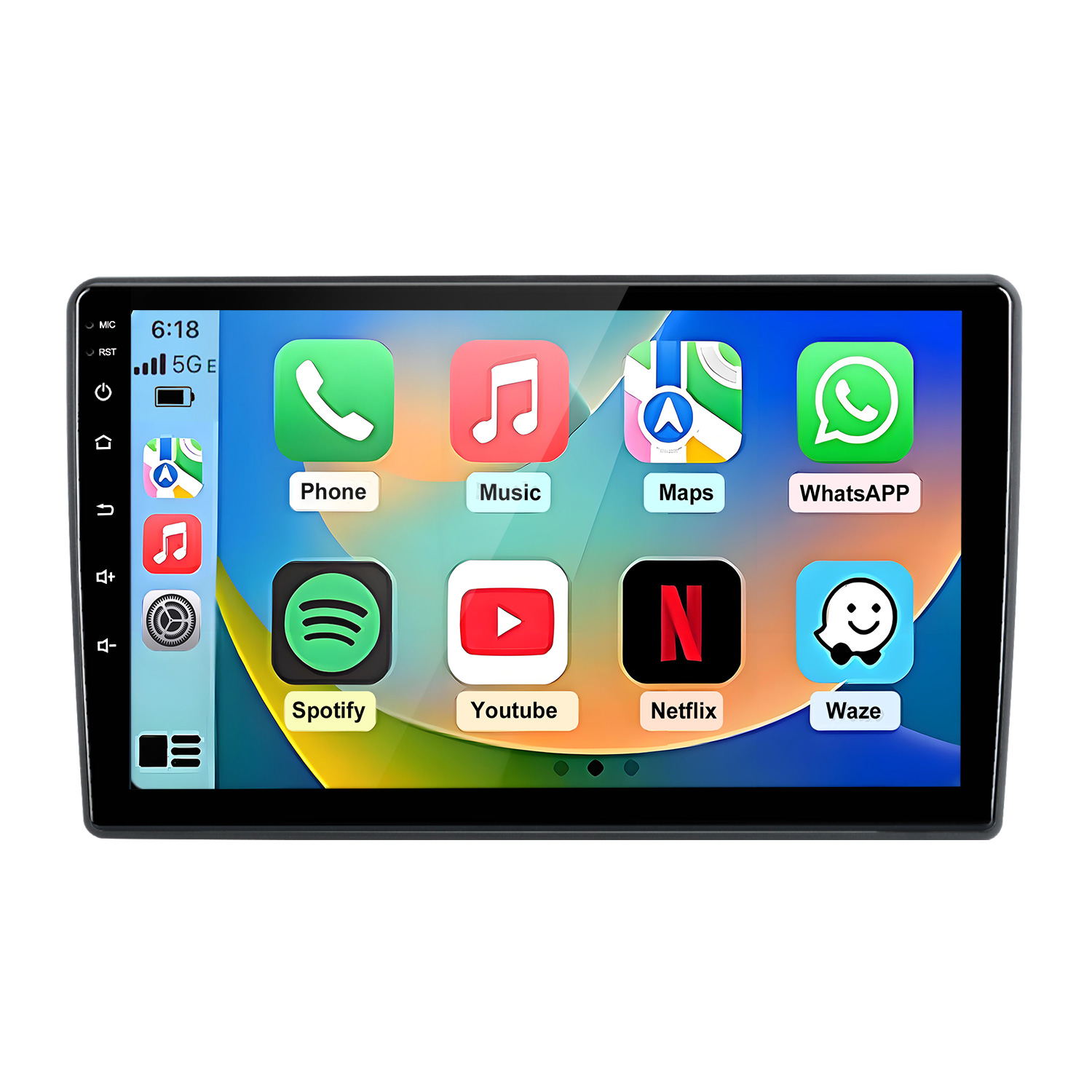 Schermo autoradio mostra app Telefono, Musica, Mappe, WhatsApp, Spotify, YouTube, Netflix, Waze.