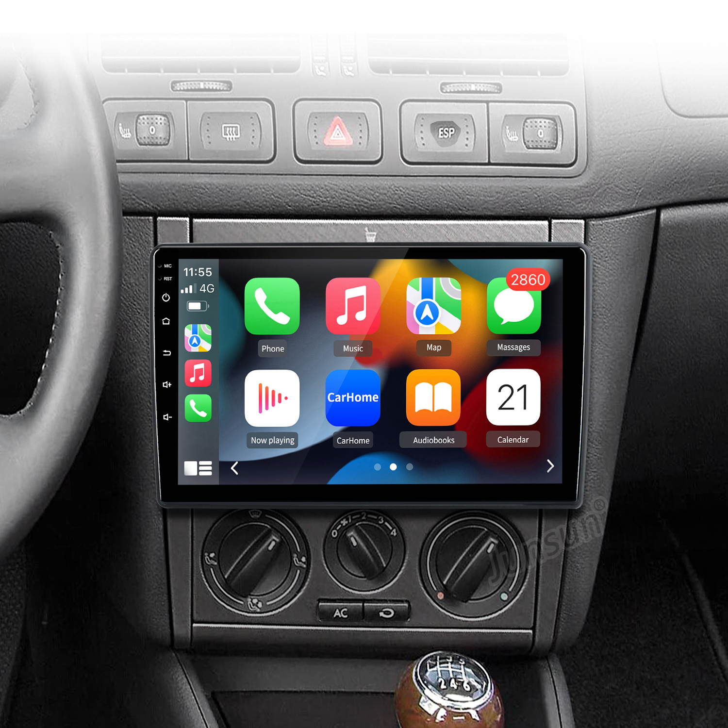 Schermo di infotainment per auto con icone di app: Telefono, Musica, Mappa e Messaggi.