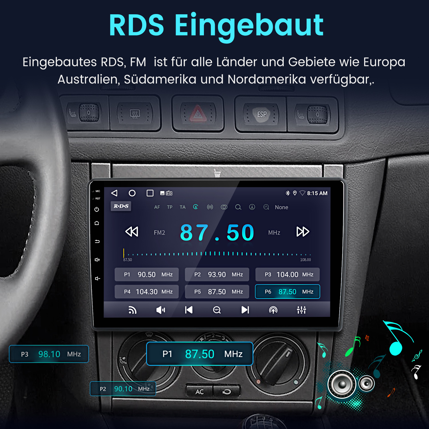 Autoradio mit RDS-Anzeige, zeigt FM-Frequenzen und Sender an.
