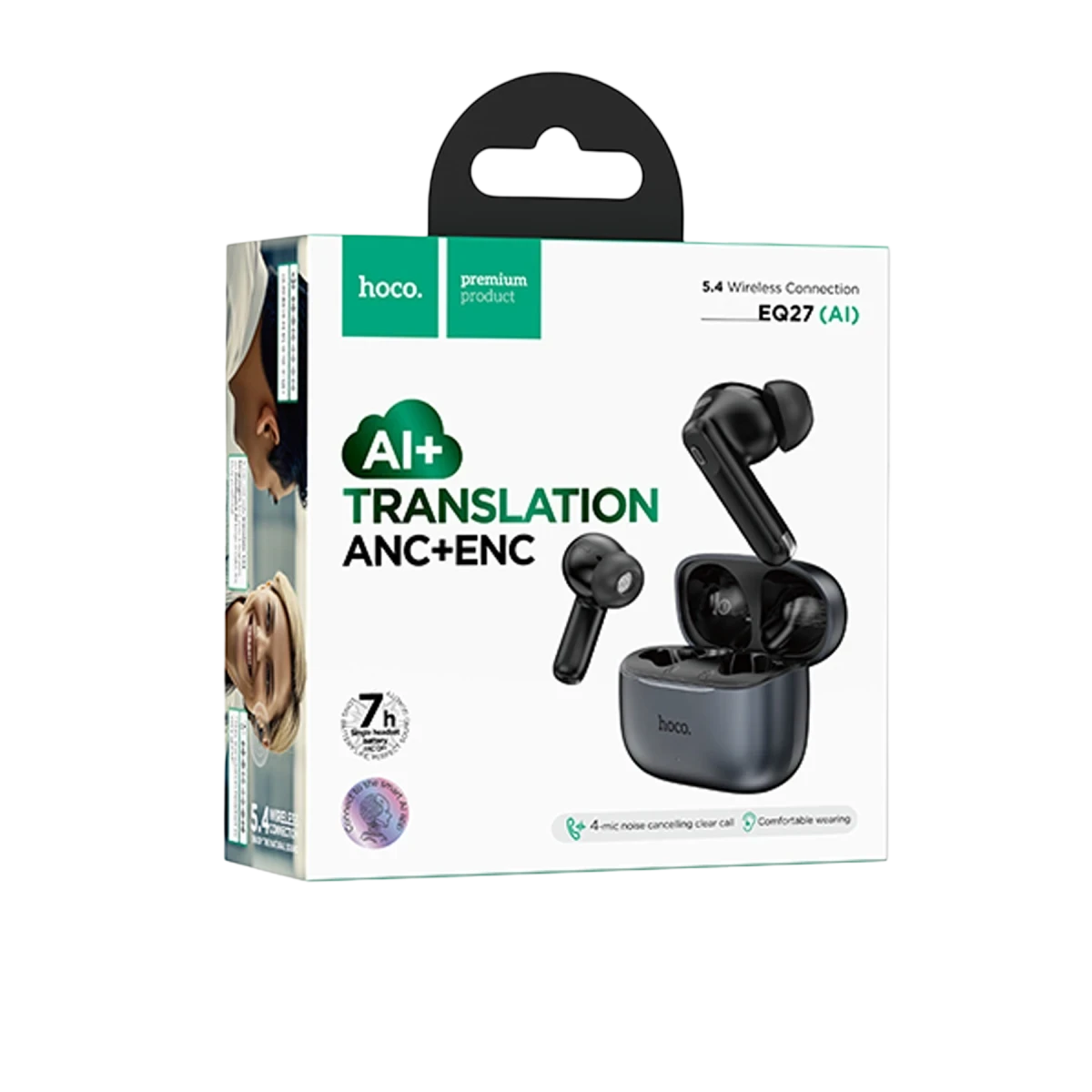 Verpackung von schwarzen Hoco EQ27 (AI) Kopfhörern mit KI-Übersetzung.