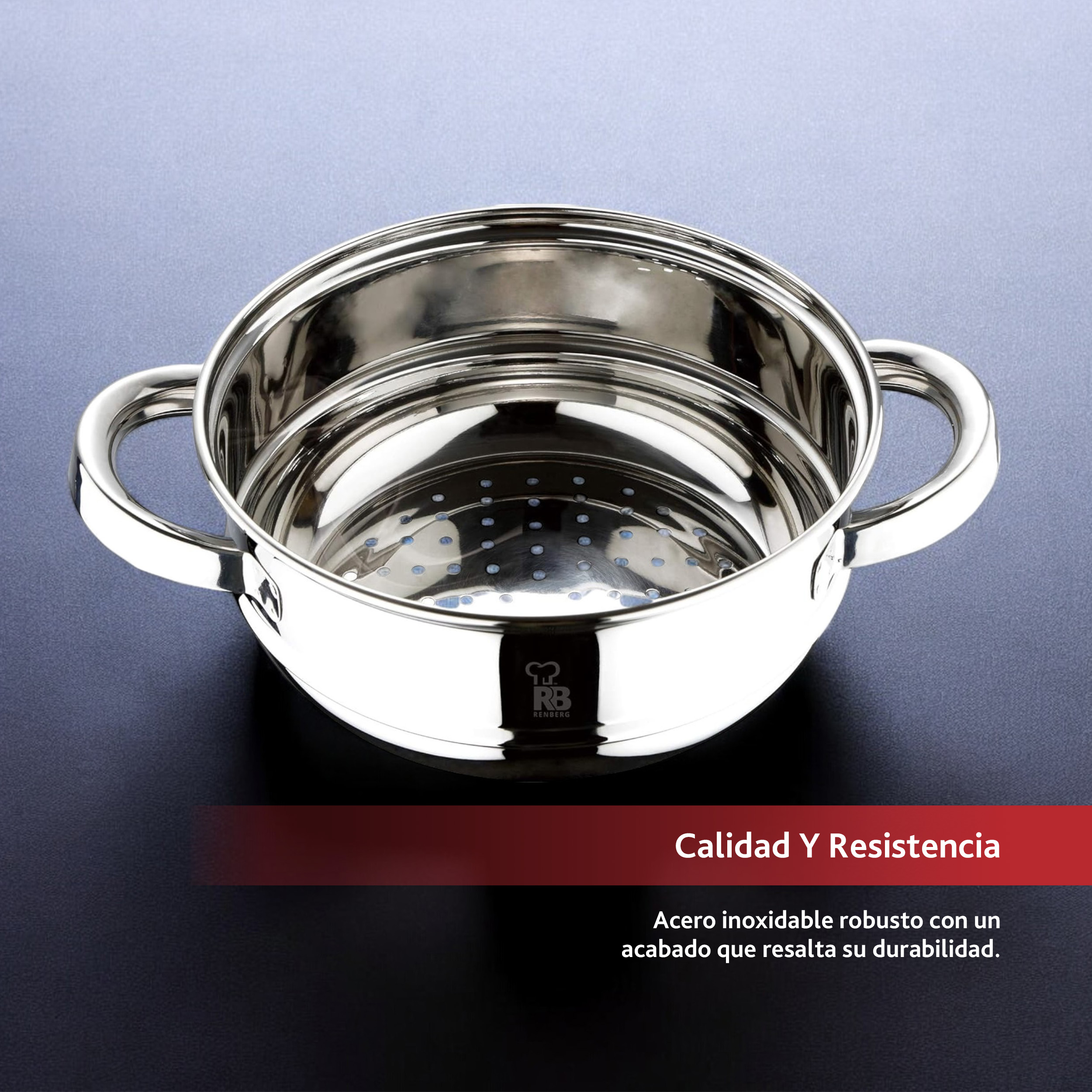 Cesta vaporera de acero inoxidable con asas y agujeros.
