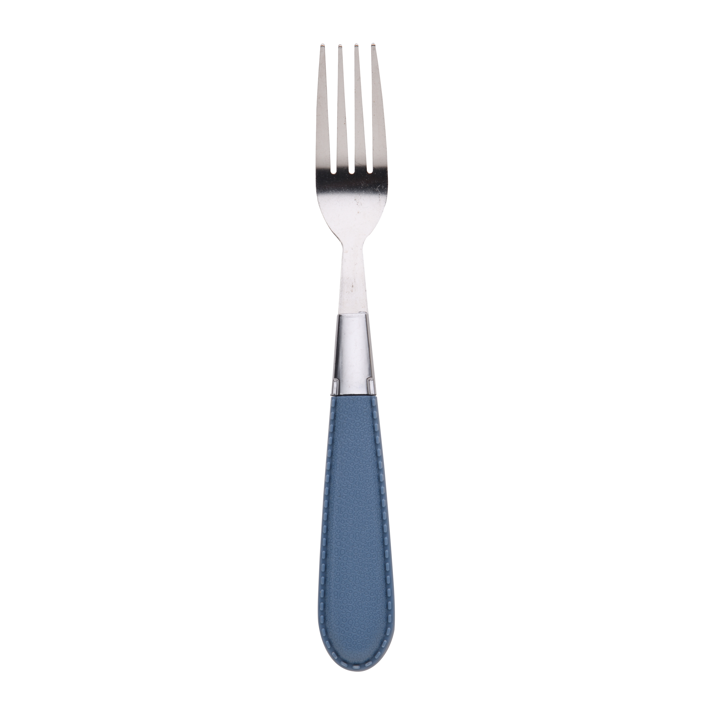 Un tenedor plateado con mango azul.