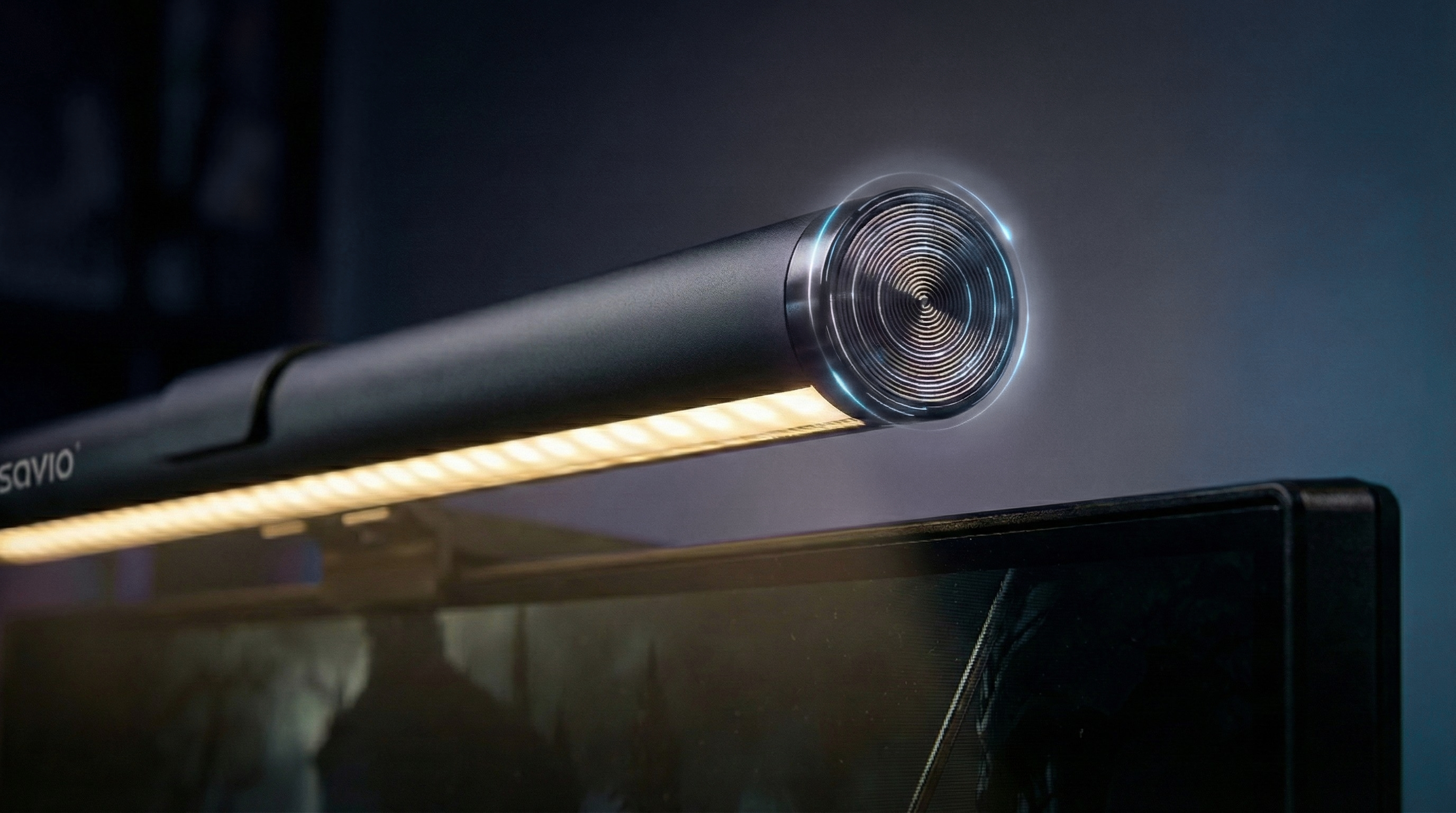 Czarna lampa monitorowa Savio z paskiem świetlnym oświetla ekran komputera.