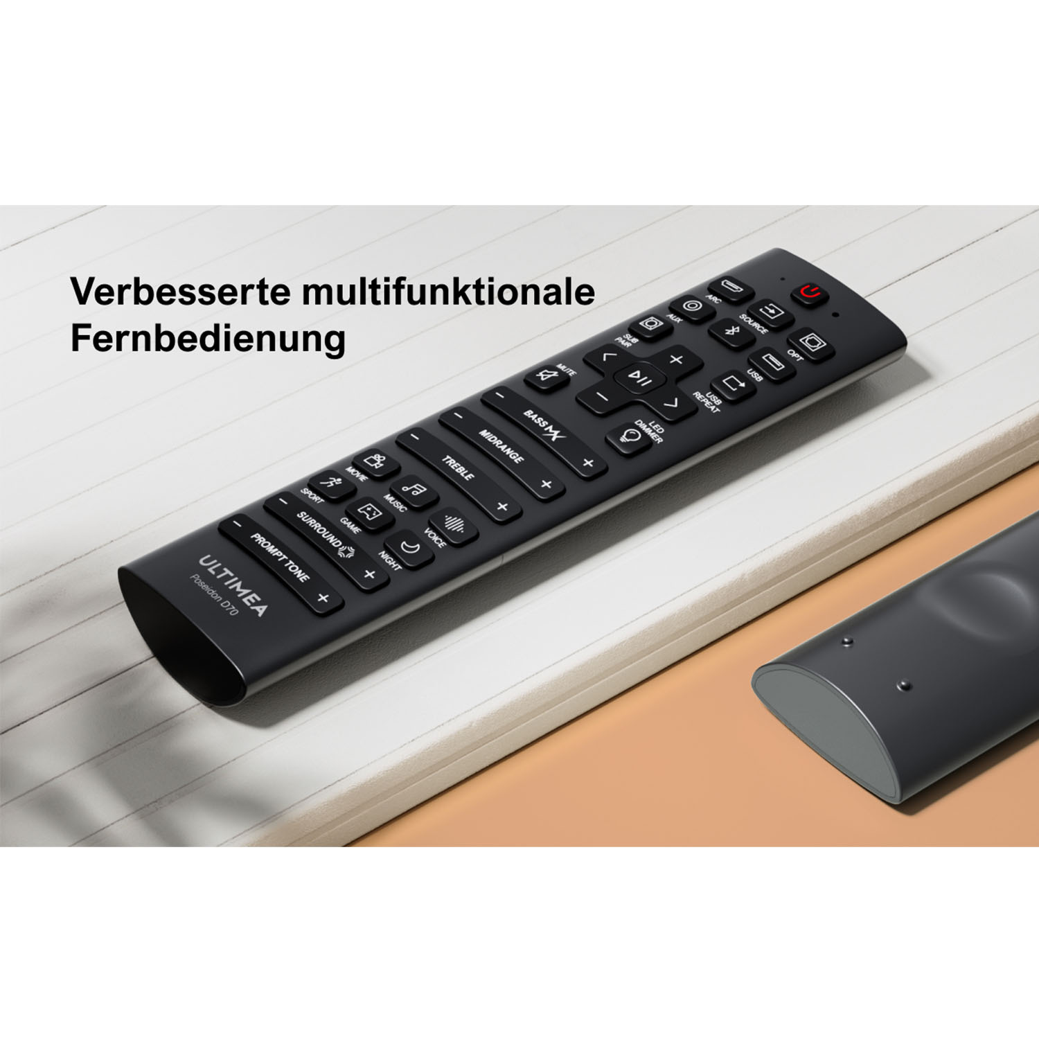 Schwarze Fernbedienung mit Beschriftungen wie MUTE, BASS, TREBLE, SOURCE.