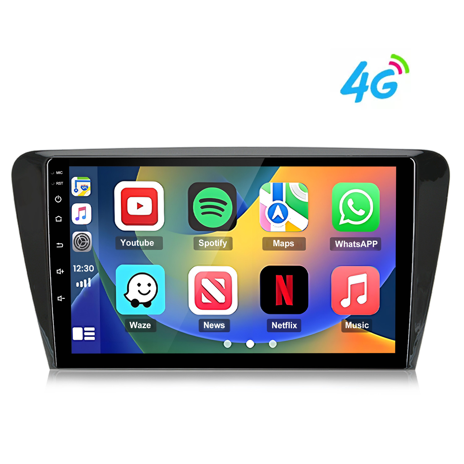 Schermo autoradio mostra icone app: YouTube, Spotify, Maps, WhatsApp, Waze, News, Netflix, Musica.