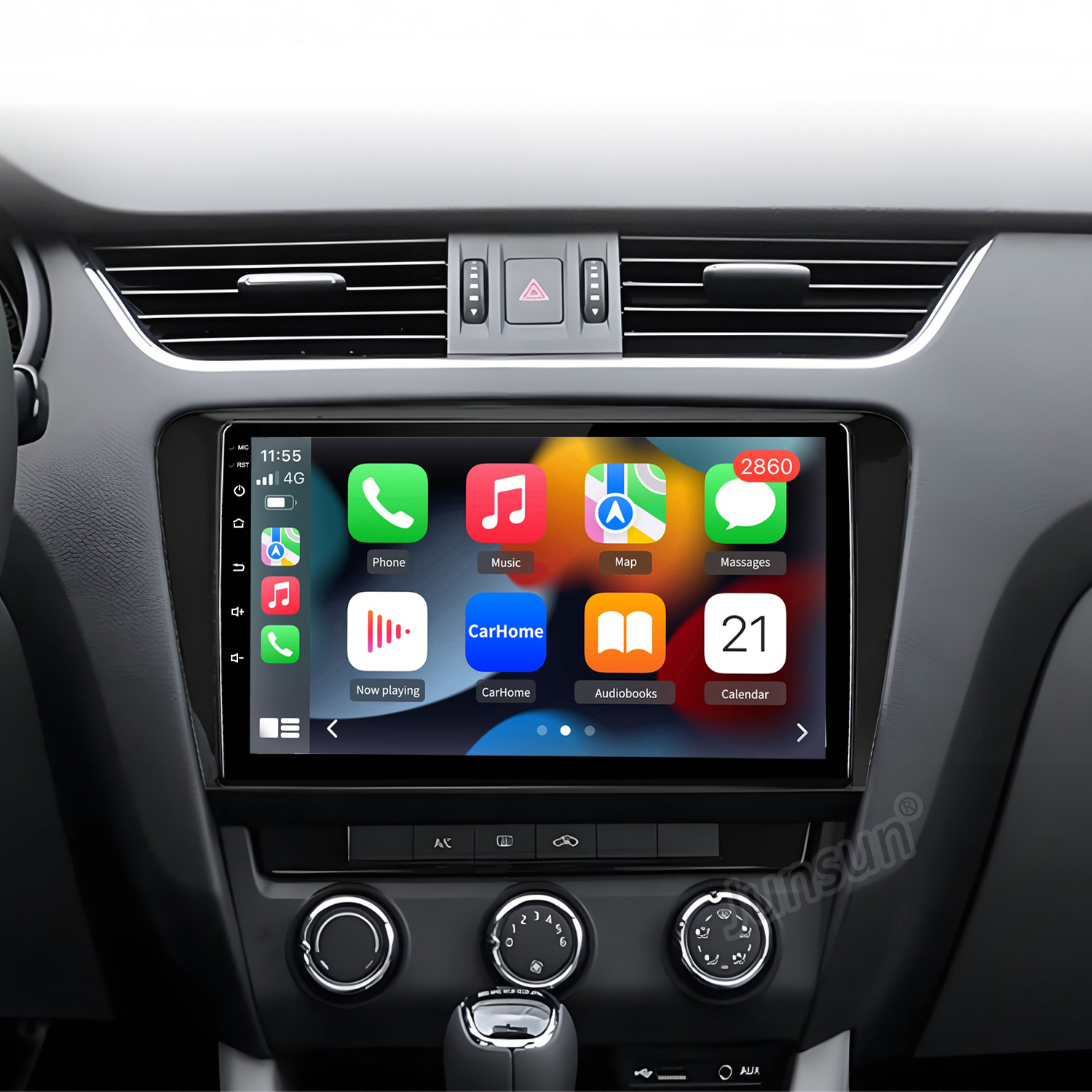 Sistema de infoentretenimiento de coche con apps como Teléfono, Música y Calendario.