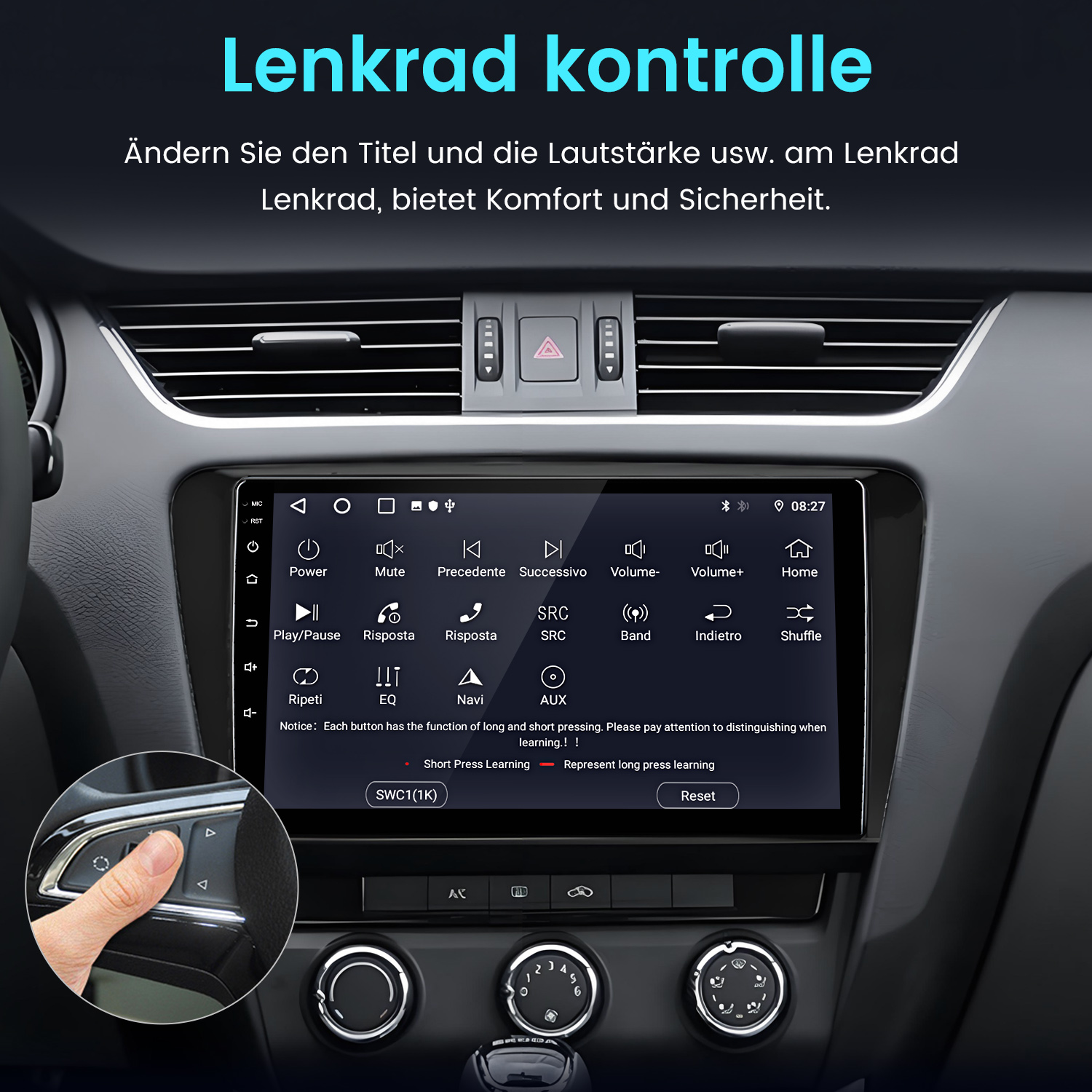 Autoscheinwerfer mit Touchscreen-Radio und Lenkradsteuerung.