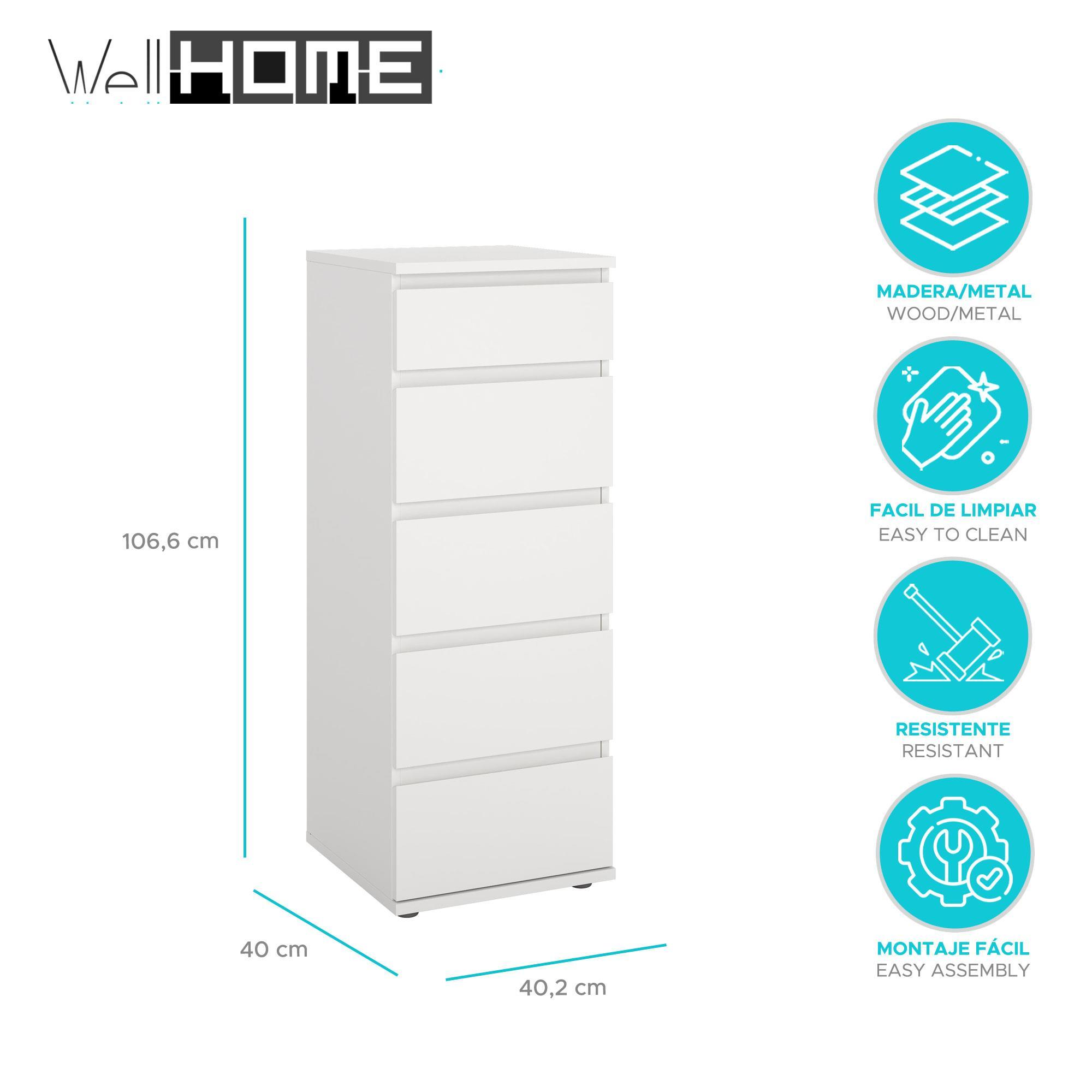 Un mueble blanco estrecho con cinco cajones. Dimensiones: 106,6x40x40,2 cm.