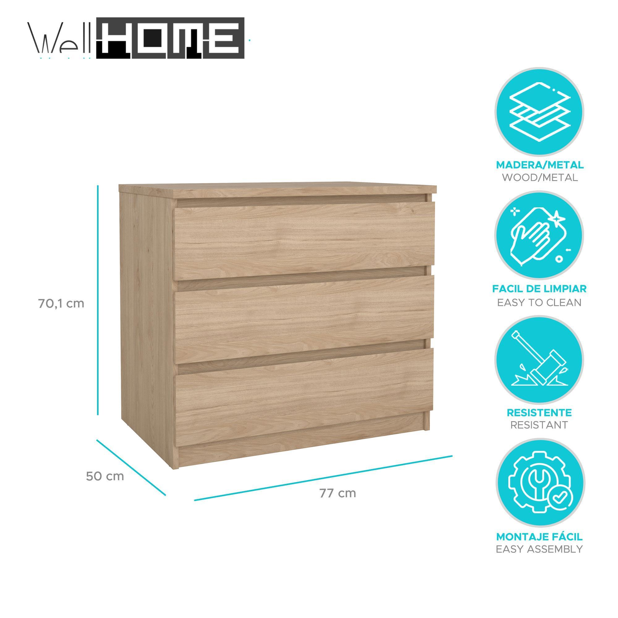 Cómoda de madera con tres cajones, medidas 77x50x70,1cm.