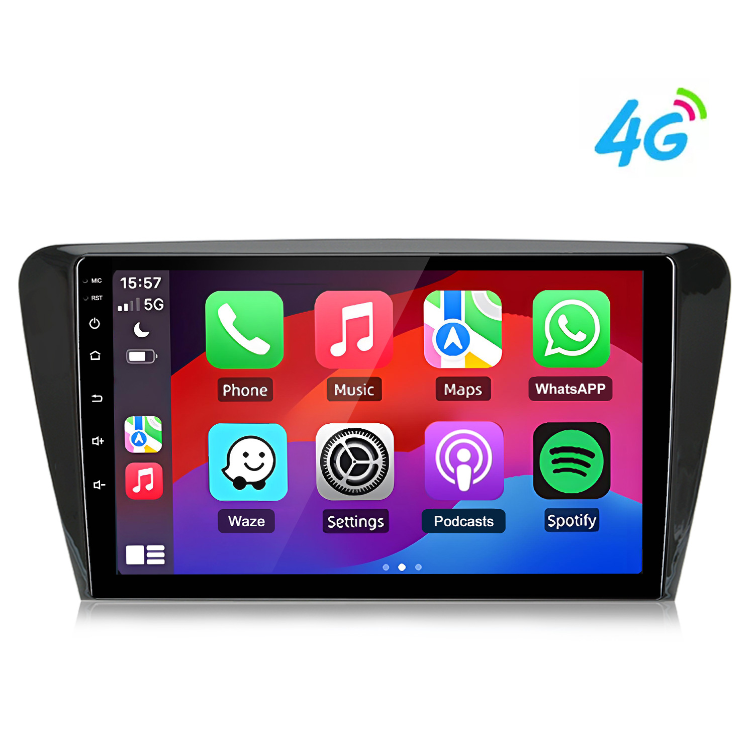 Un touchscreen dell'autoradio mostra icone di app come Telefono, Musica, Mappe e WhatsApp.