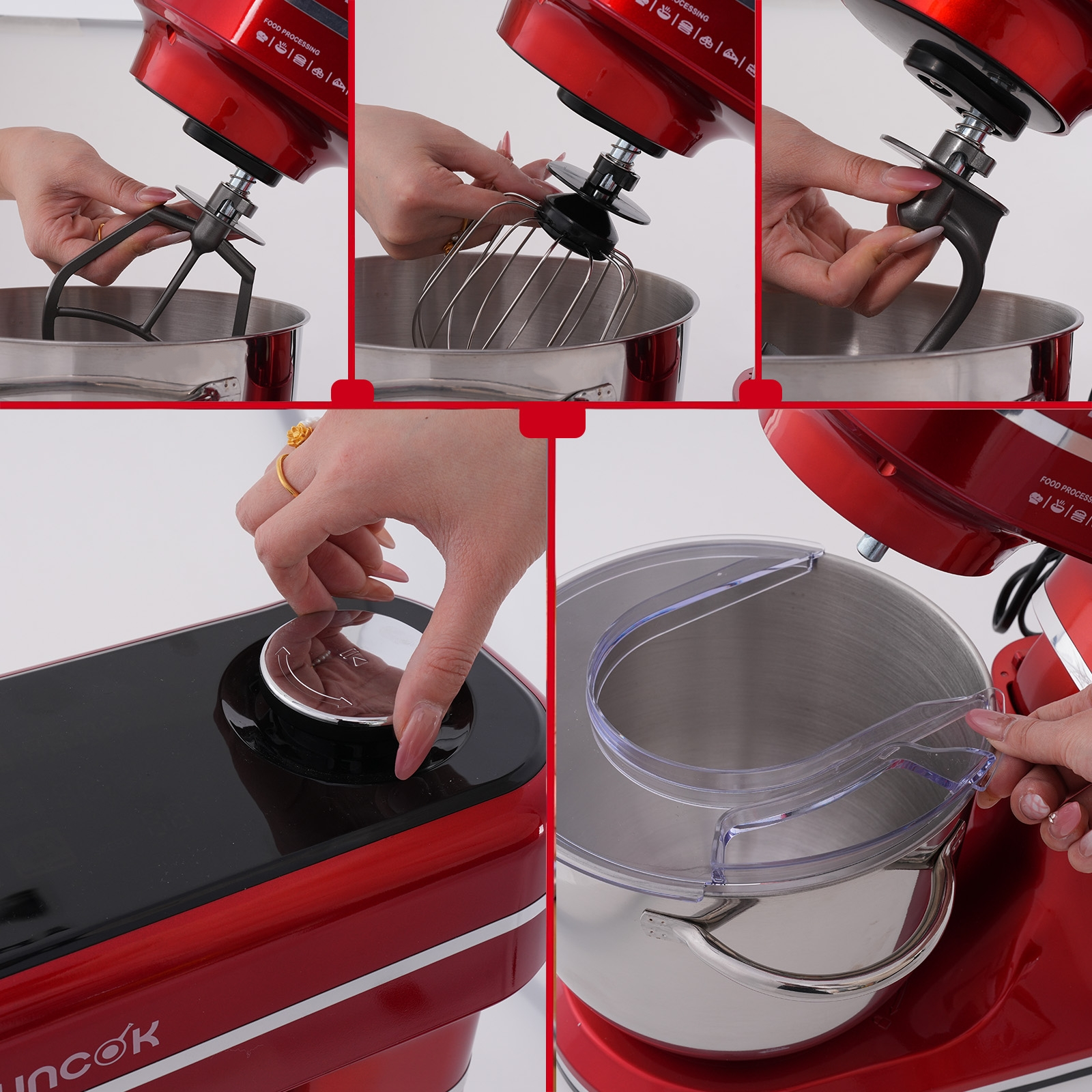 Czerwony mikser stojący z różnymi końcówkami: hak do ciasta, trzepaczka, mieszadło.