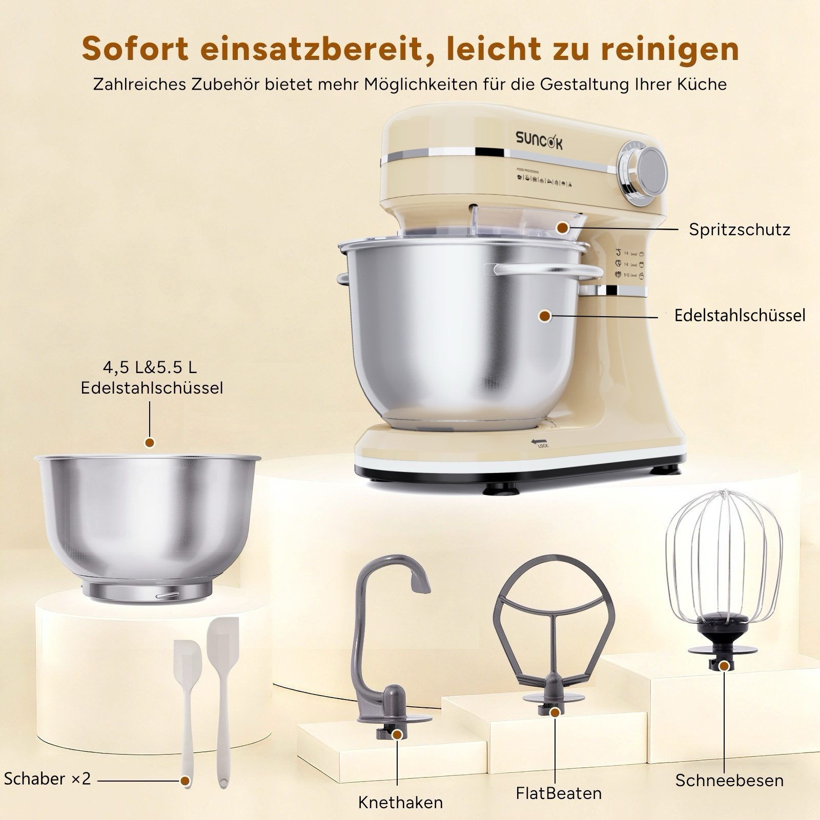Beige Küchenmaschine mit Edelstahl-Sch üssel und Zubehör: Schneebesen, Knethaken, Flachrührer.