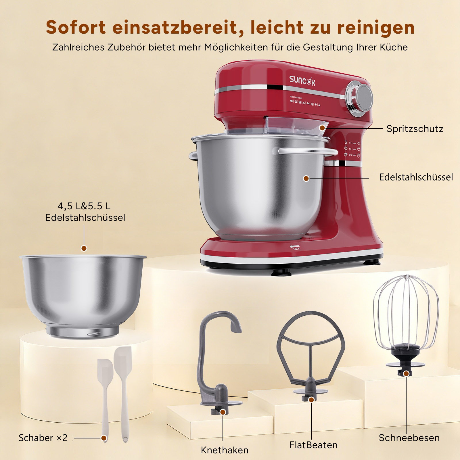 Roter Küchenmixer mit Edelstahlschüssel und Zubehör: Knethaken, Flachrührer, Schneebesen.