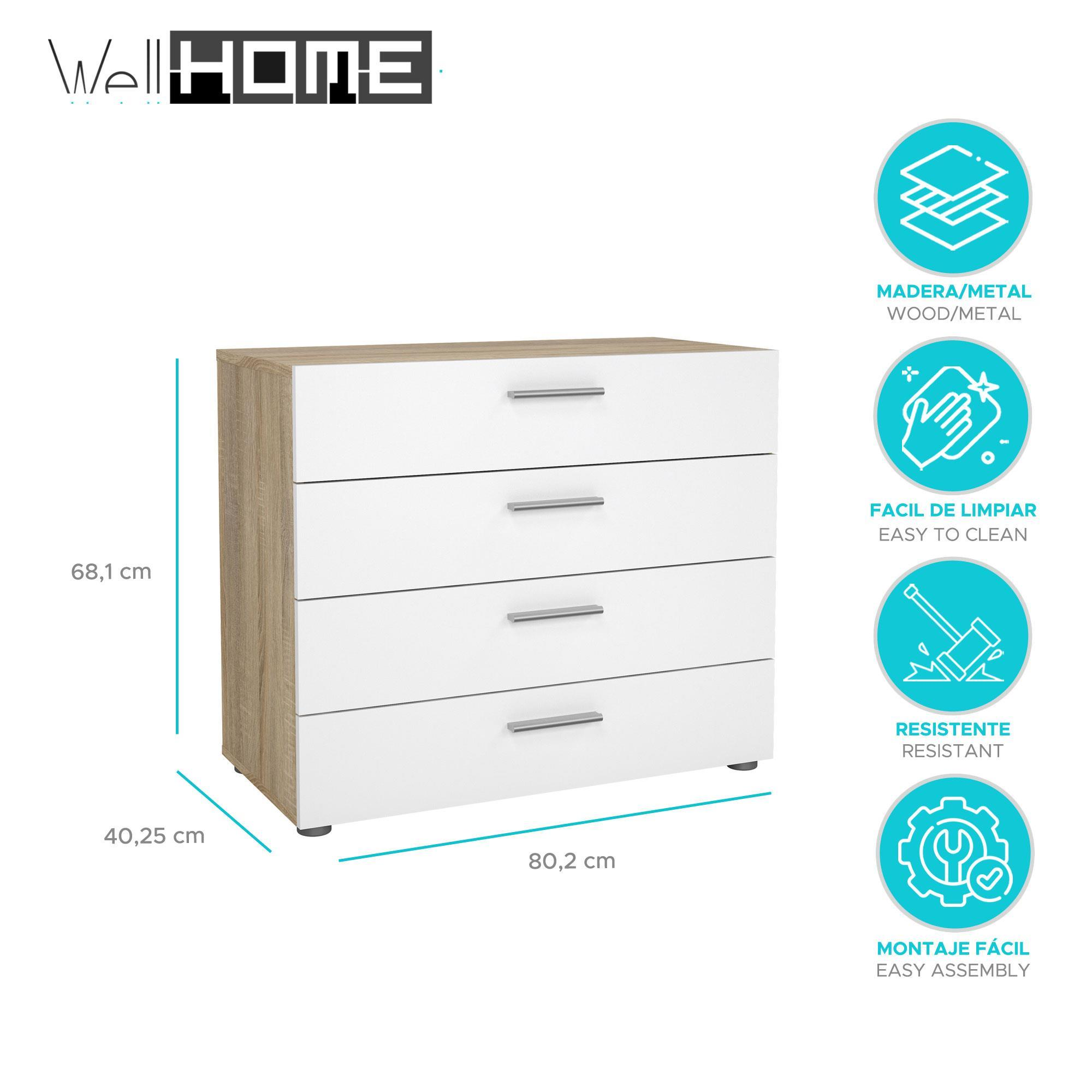 Cómoda blanca con detalles de madera y cuatro cajones. Dimensiones: 80,2 x 40,25 x 68,1 cm.