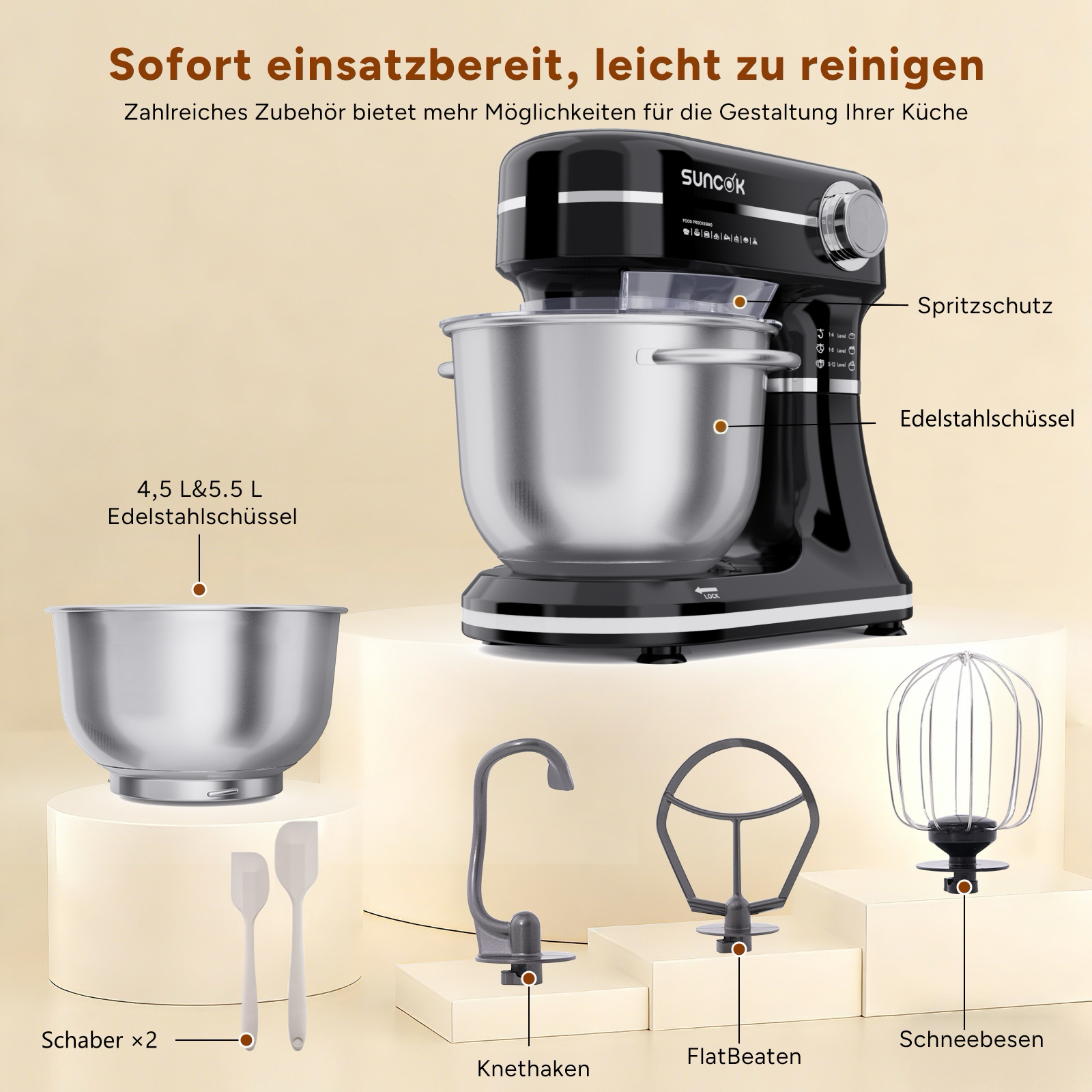 Schwarzer Küchenmixer mit Edelstahl-Schüssel und Zubehör wie Knethaken.