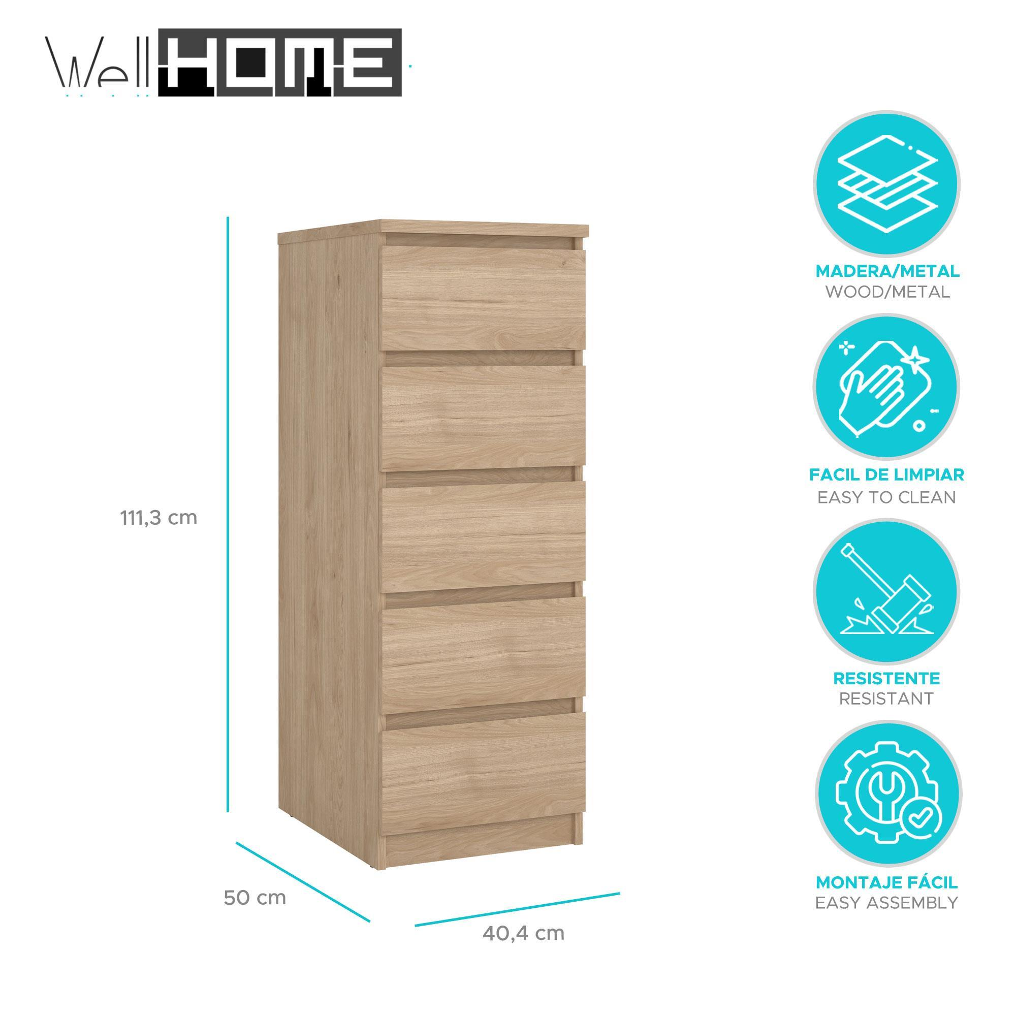 Un mueble alto y estrecho de madera clara con cinco cajones. Dimensiones 111x50x40 cm.