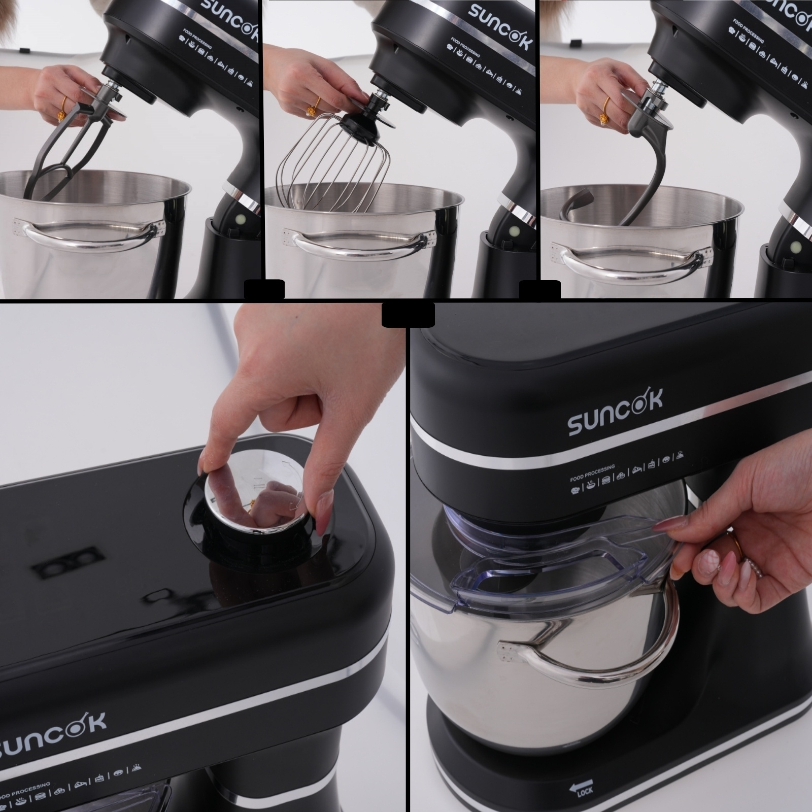 Czarny mikser kuchenny pokazany z wkładanymi różnymi akcesoriami.