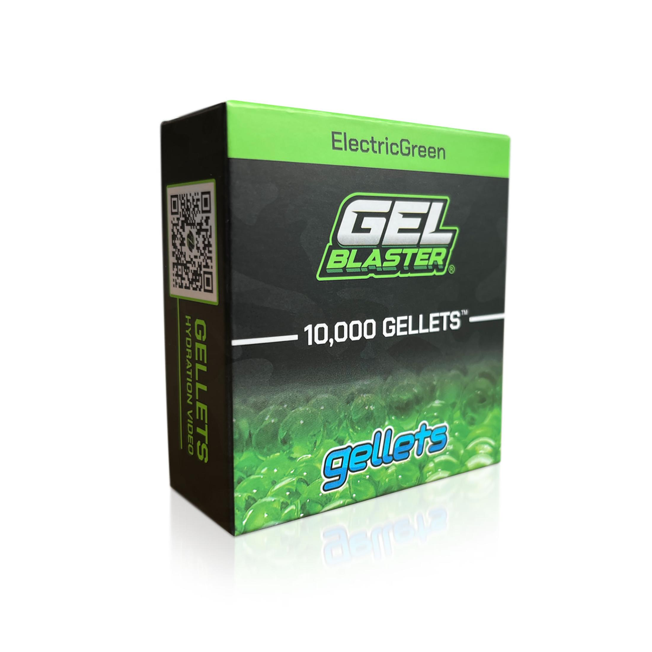 Verpackung mit grünen Gel-Kugeln, Gel Blaster Logo und "10.000 GELLETSTM".