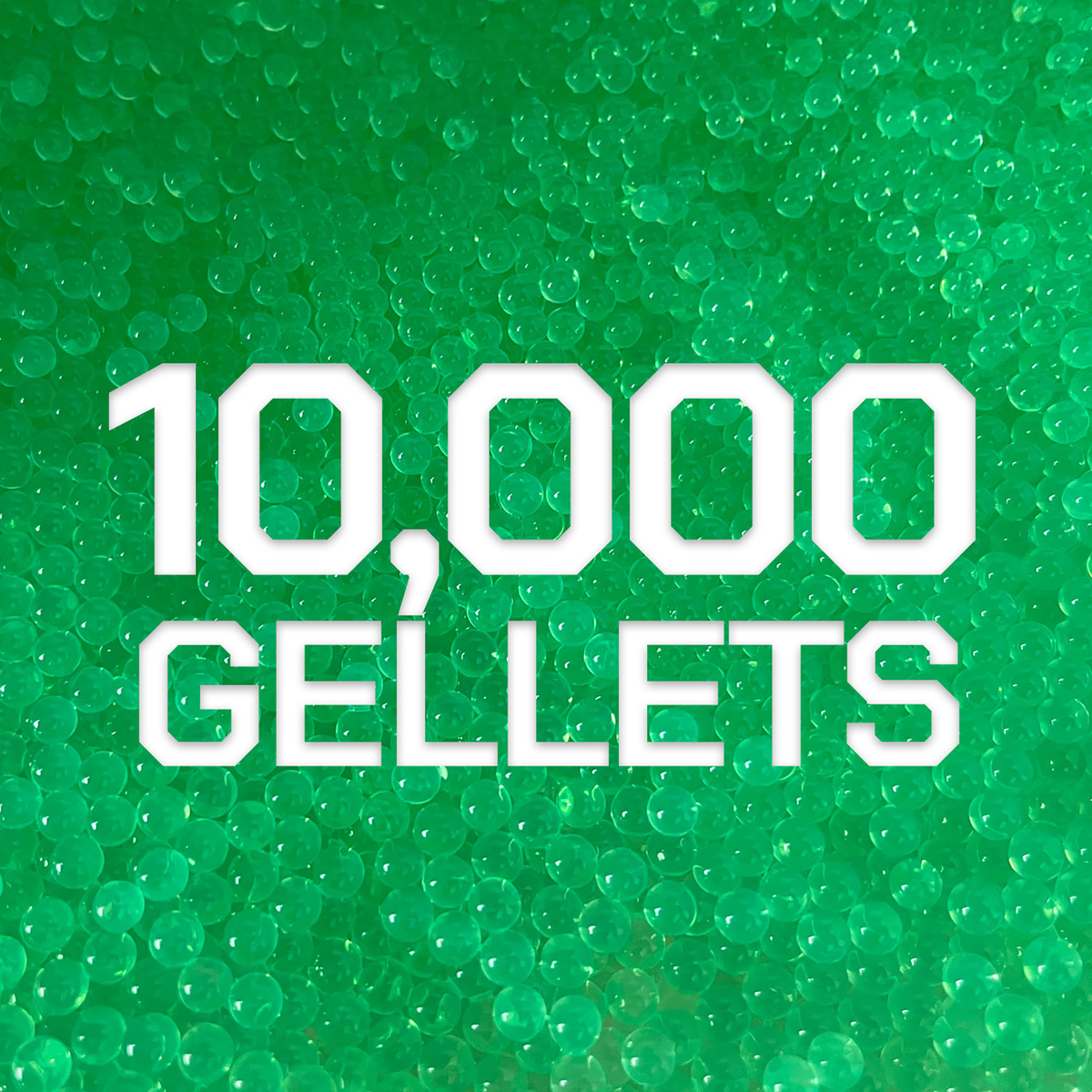 Weiße Schrift 10.000 GELLETZ auf grünem Hintergrund mit kleinen Kugeln.