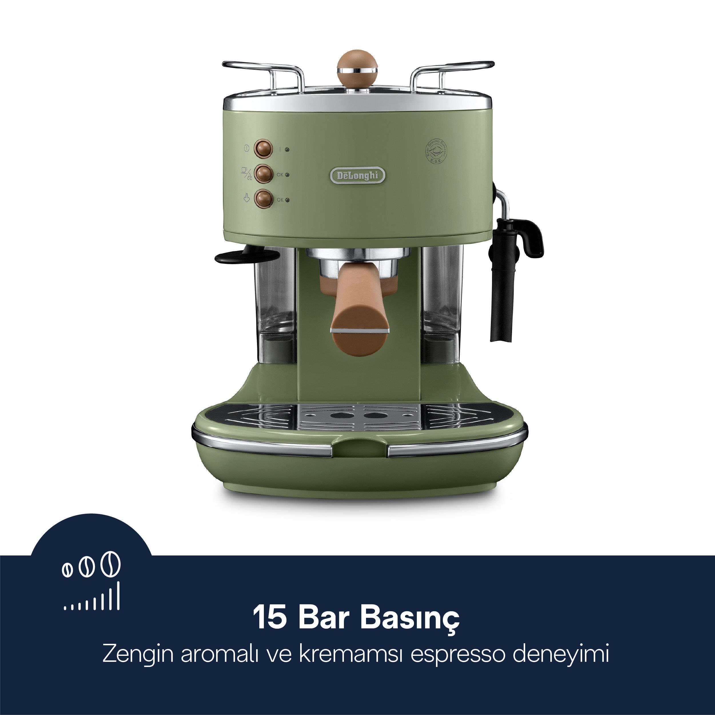 Zielona ekspres do kawy DeLonghi z brązowym uchwytem i chromowanymi detalami.