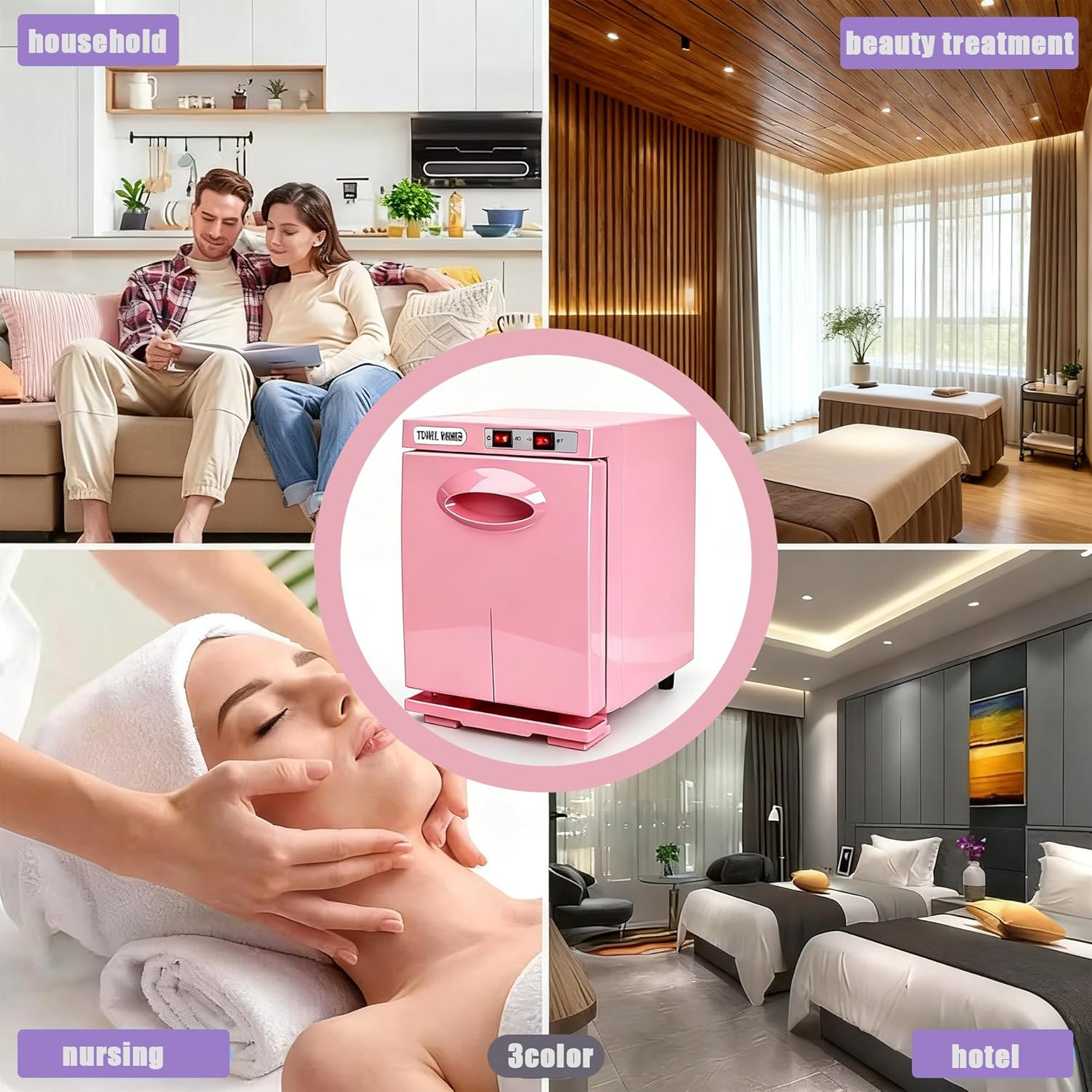 Collage: Paar im Haushalt, rosa Handtuchwärmer, Spa, Hotelzimmer, Gesichtspflege.