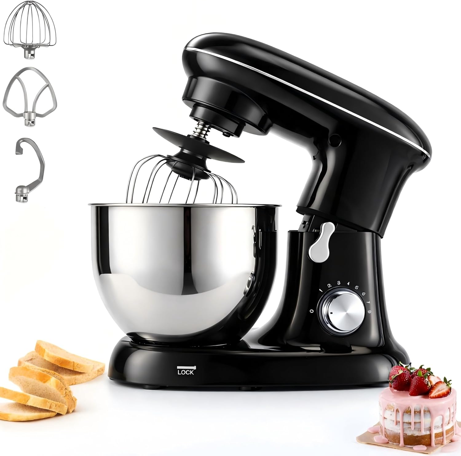 Schwarzer Küchenmixer mit Schüssel, Aufsätzen, Brot und Kuchen.