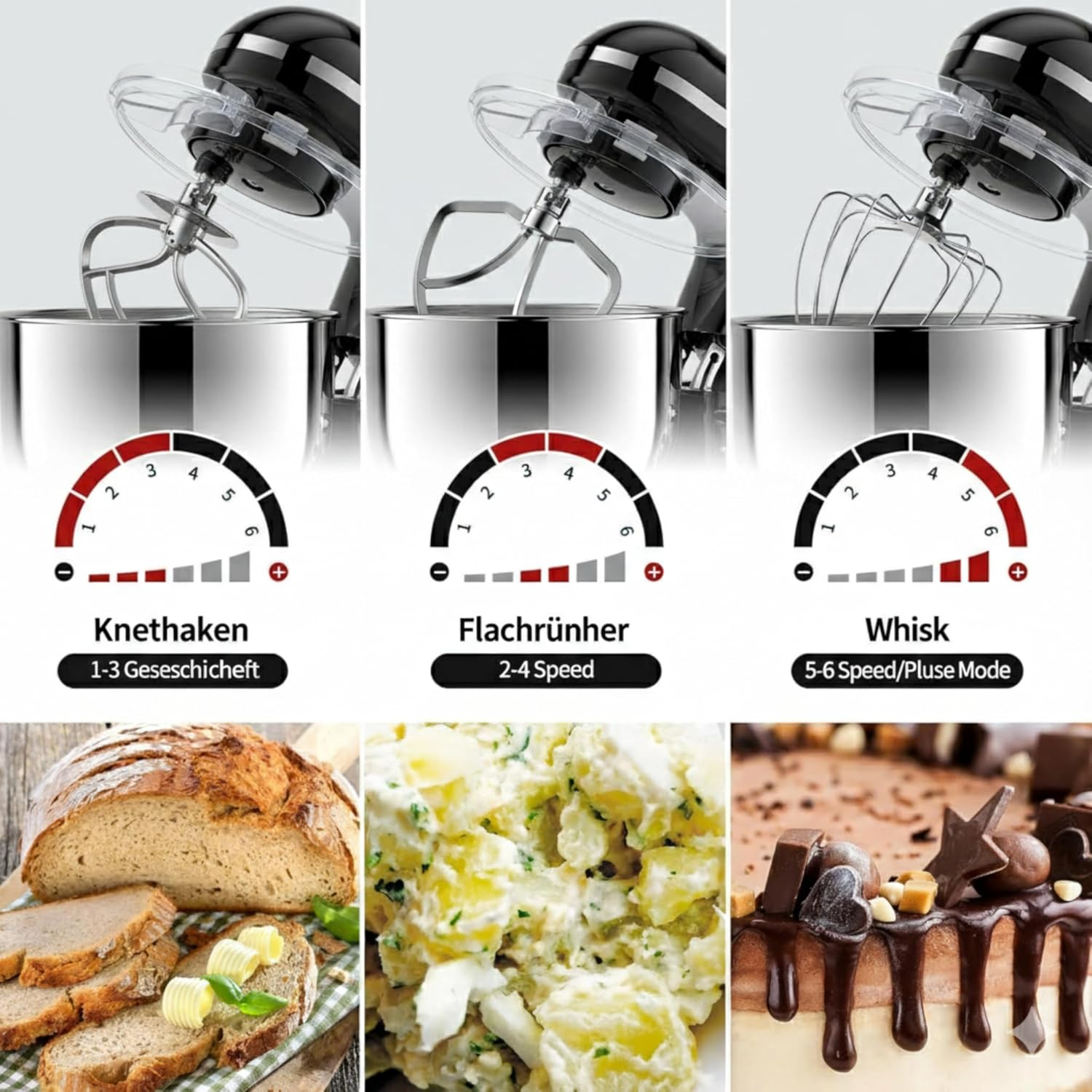 Küchenmaschine mit Knethaken, Flachrührer und Schneebesen, daneben Brot, Kartoffelsalat, Torte.