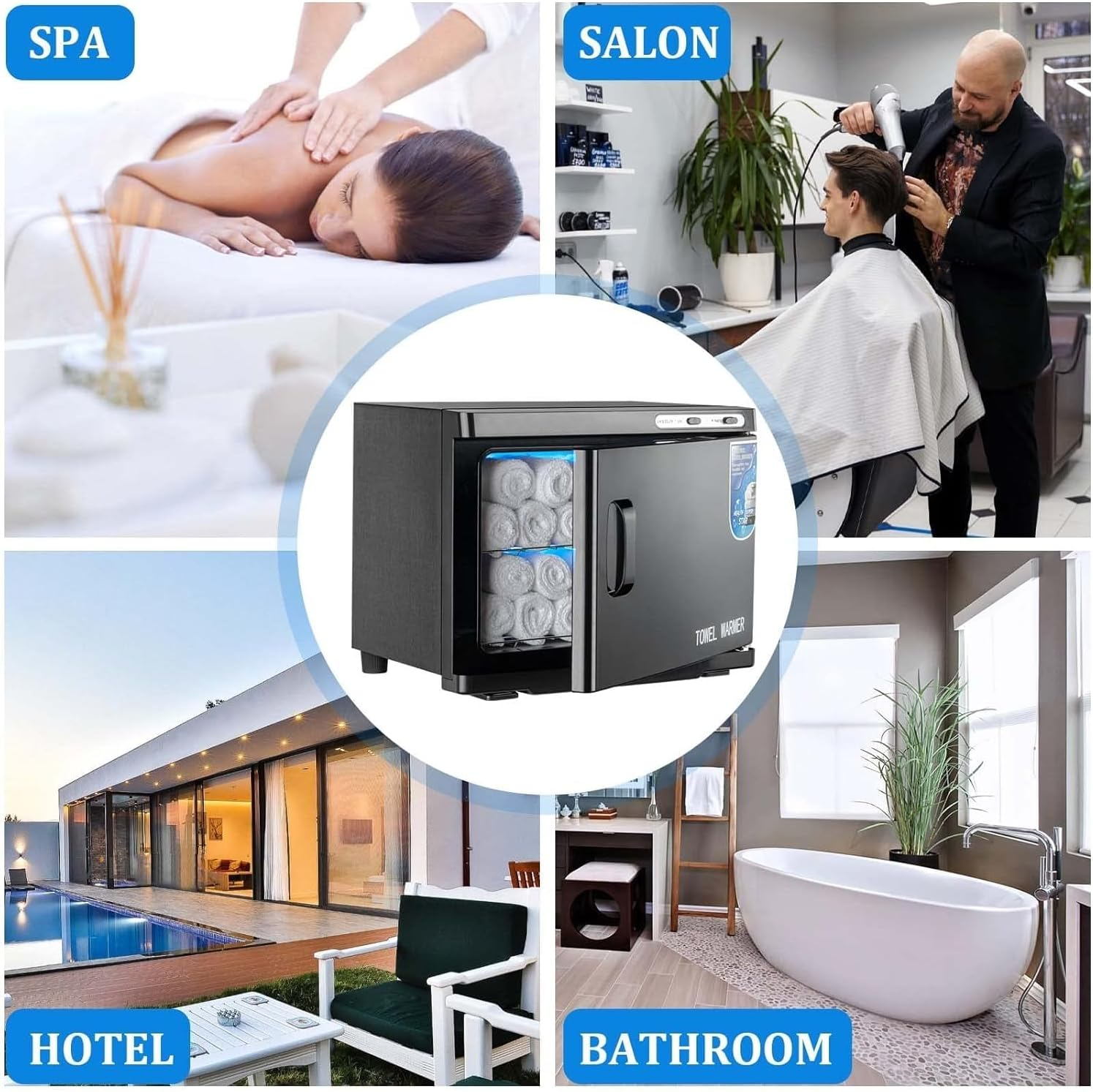 Collage zeigt Spa, Salon, Hotel und Badezimmer mit einem Handtuchwärmer in der Mitte.
