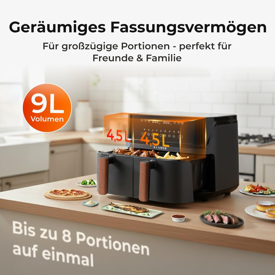 Eine schwarze Heißluftfritteuse mit zwei Fächern, gefüllt mit Essen. 9L Volumen.