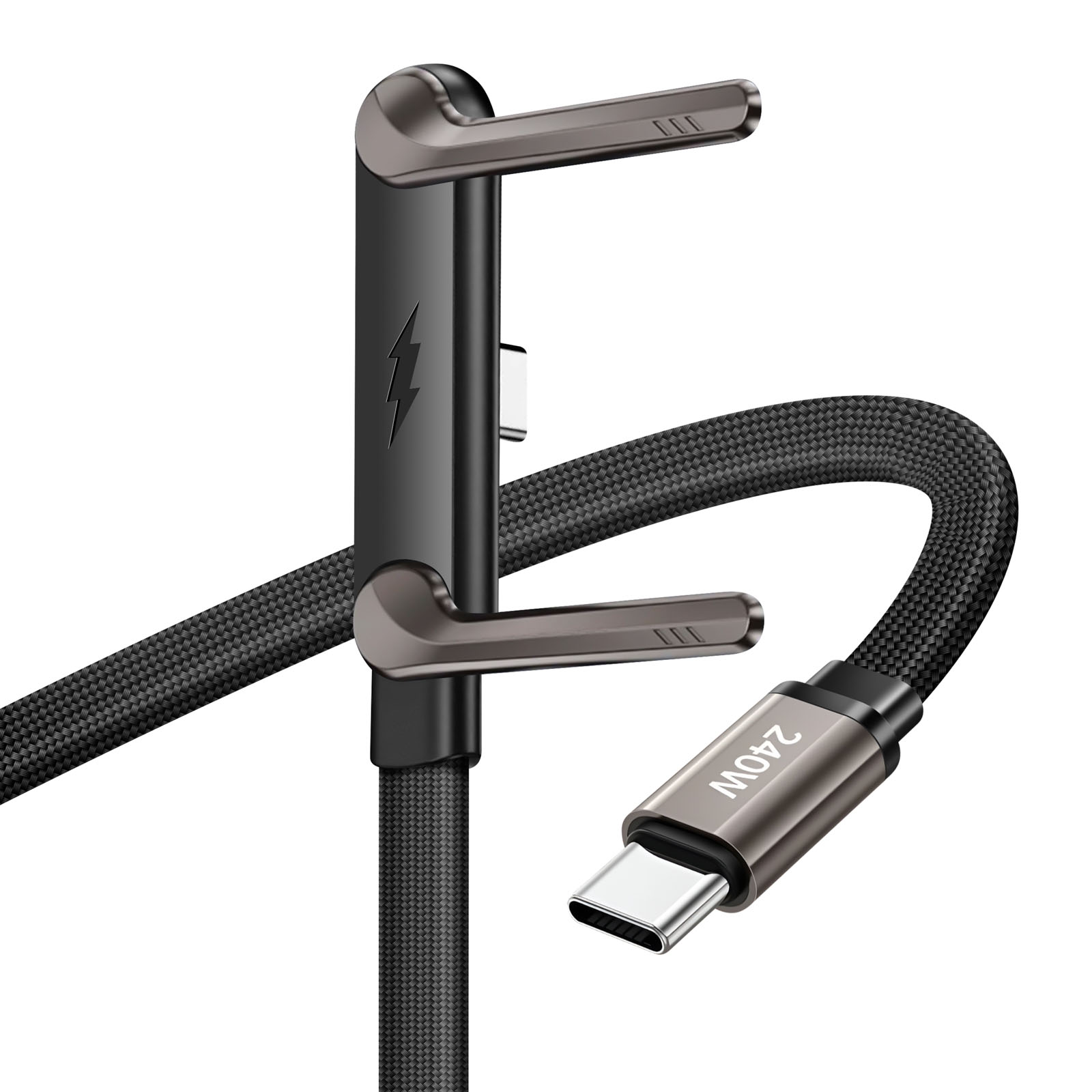 Un câble USB-C noir avec marquage 240W et symbole éclair.