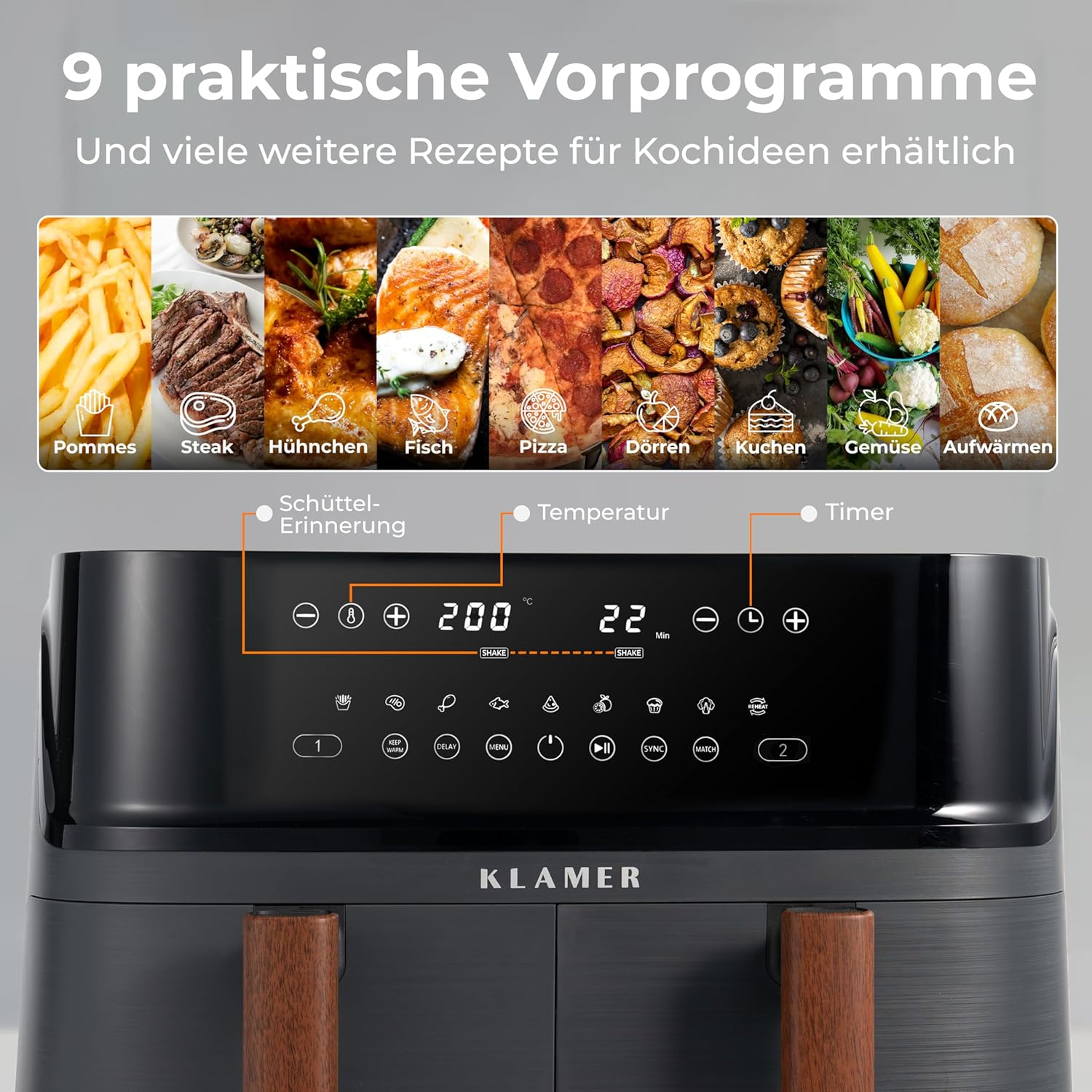 Bedienfeld eines schwarzen Heißluftfritteusen mit verschiedenen Kochprogrammen und Einstellungen.