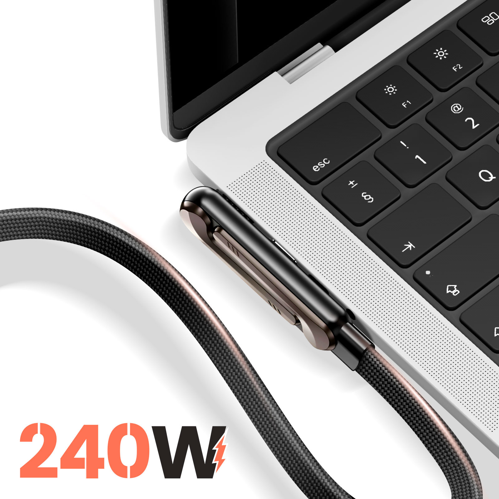 Un câble noir avec logo 240W à côté d'un ordinateur portable.