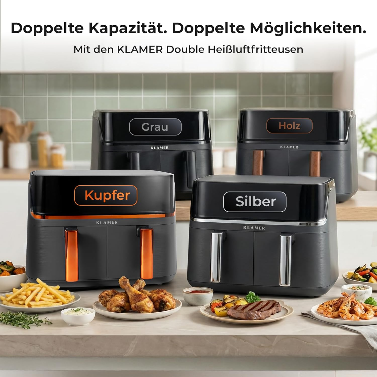 Vier KLAMER Double Heißluftfritteusen in Kupfer, Grau, Silber und Holzoptik mit Essen.