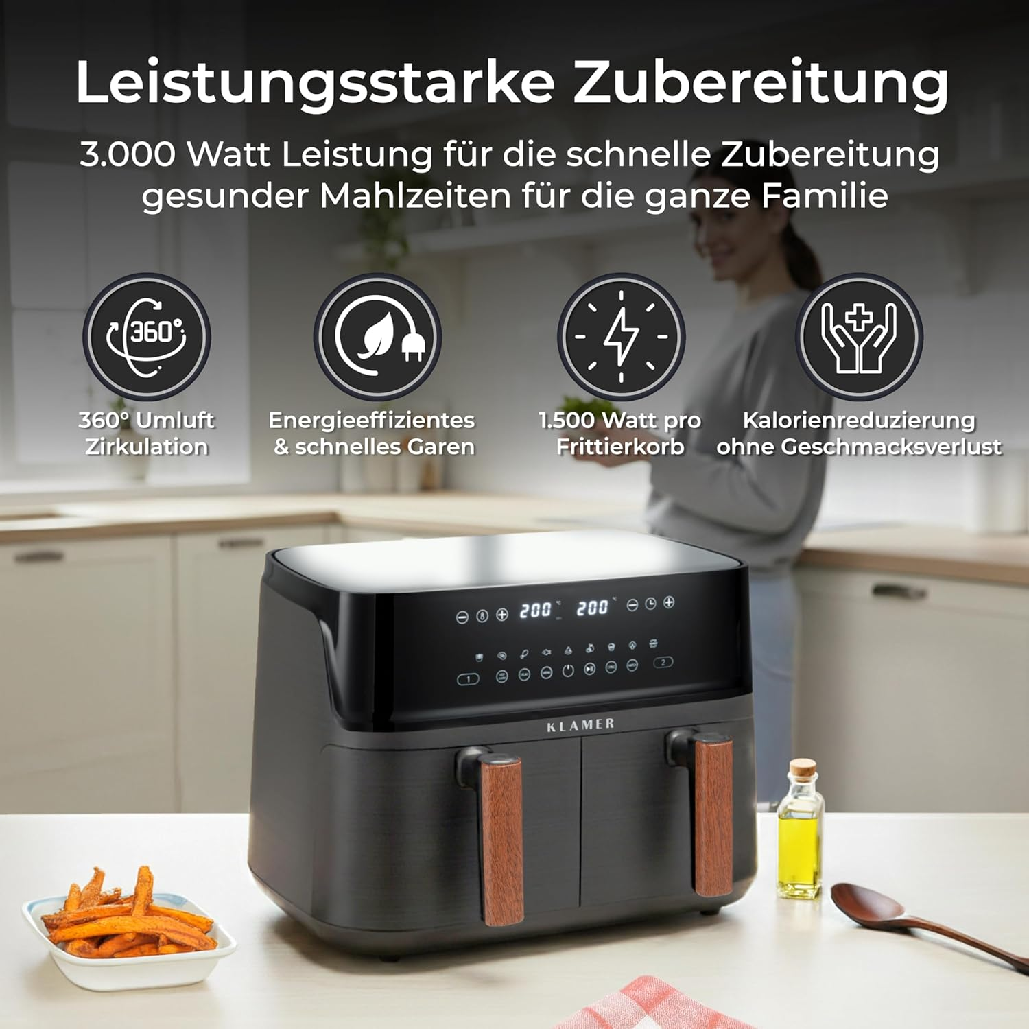 Schwarzer Heißluftfritteuse mit Holzgriffen, daneben Pommes und Öl.