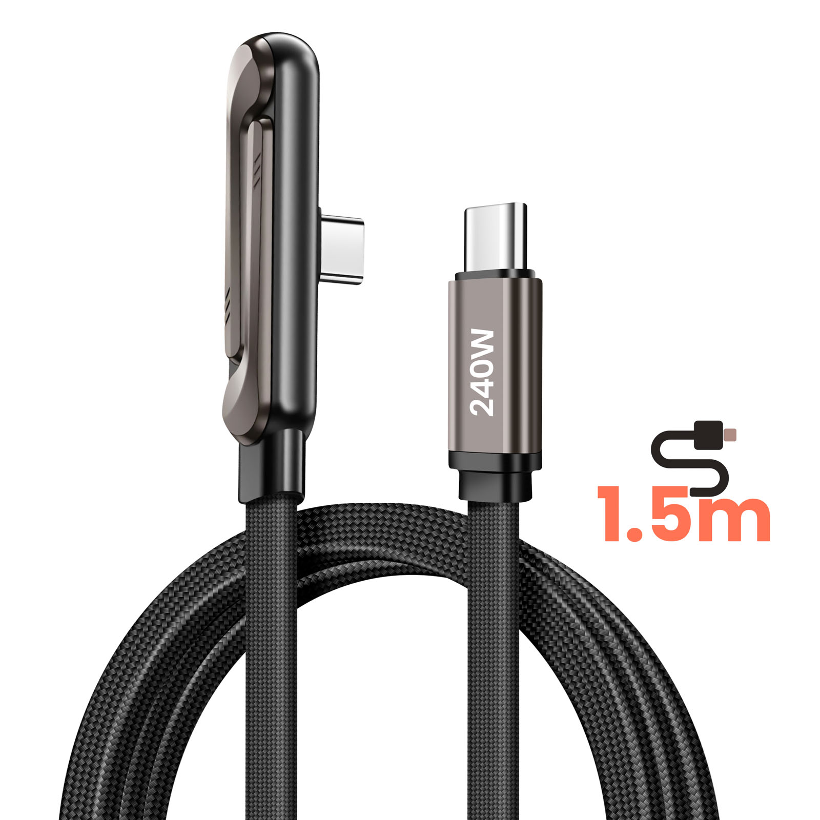 Un câble USB-C noir de 240W, 1,5m de long. Un connecteur est coudé.