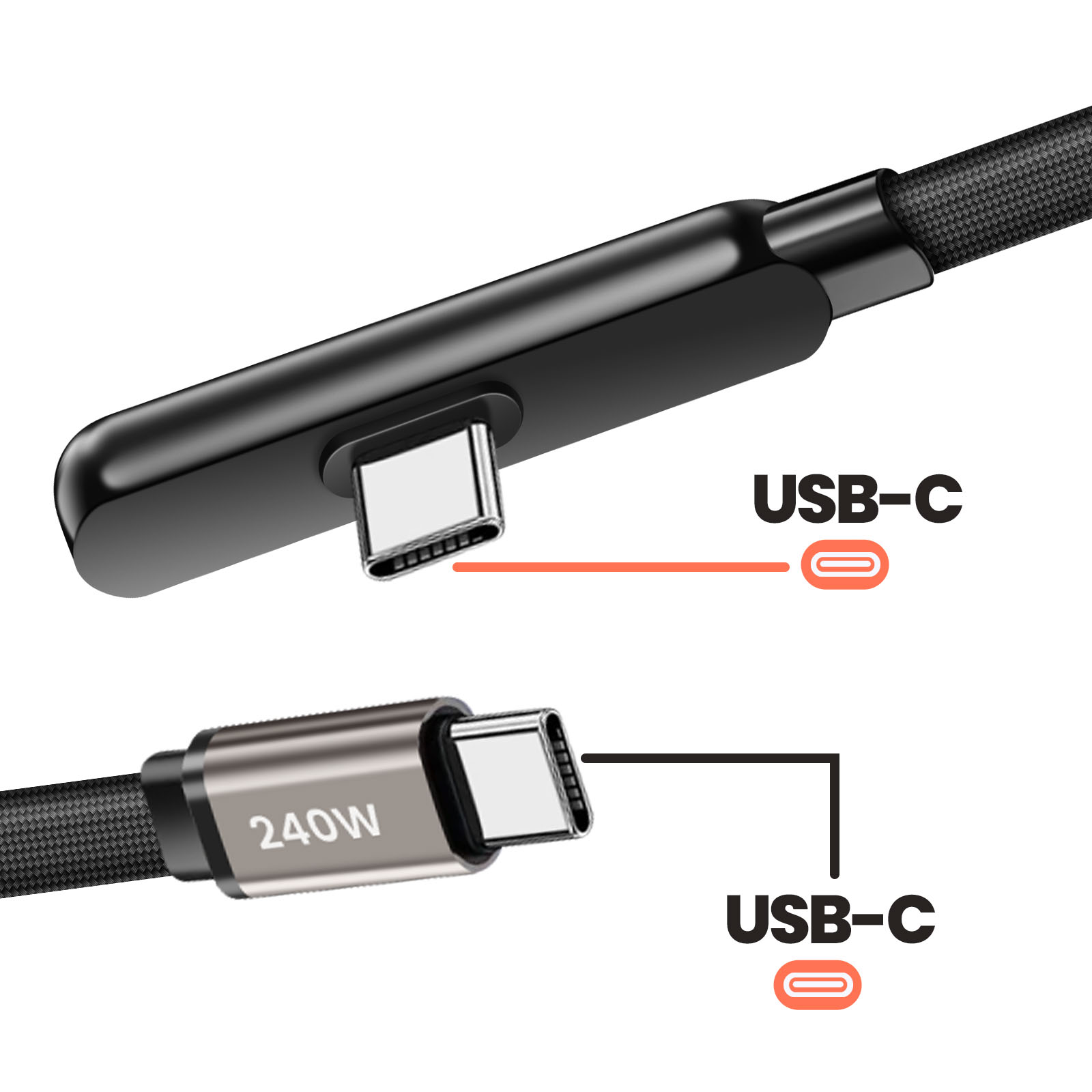 Gros plan d'un câble USB-C noir avec un connecteur 240W.