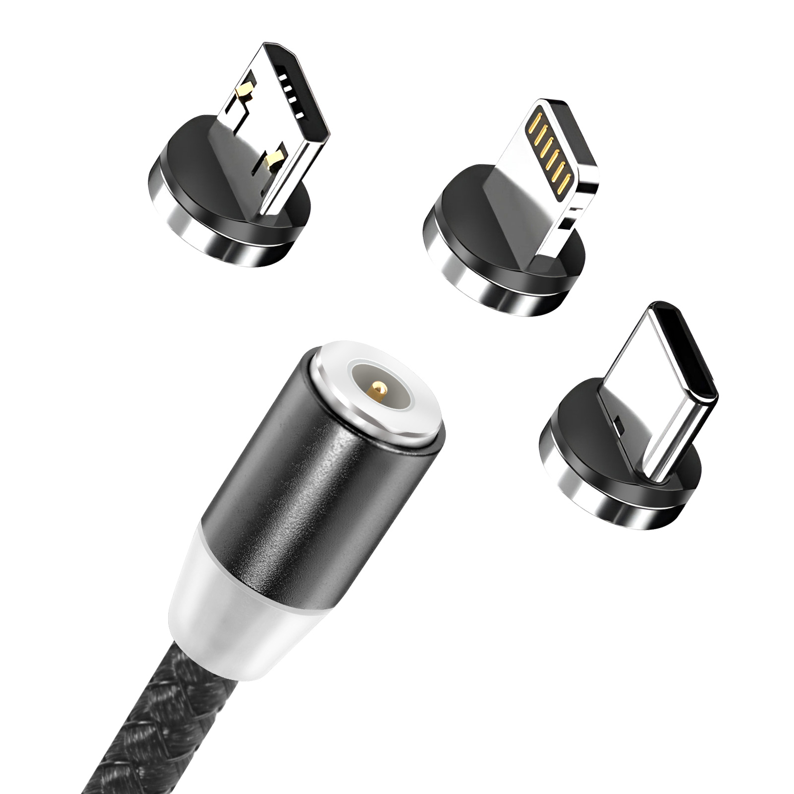 Un câble de chargement magnétique avec connecteurs USB-C, Lightning et Micro-USB.