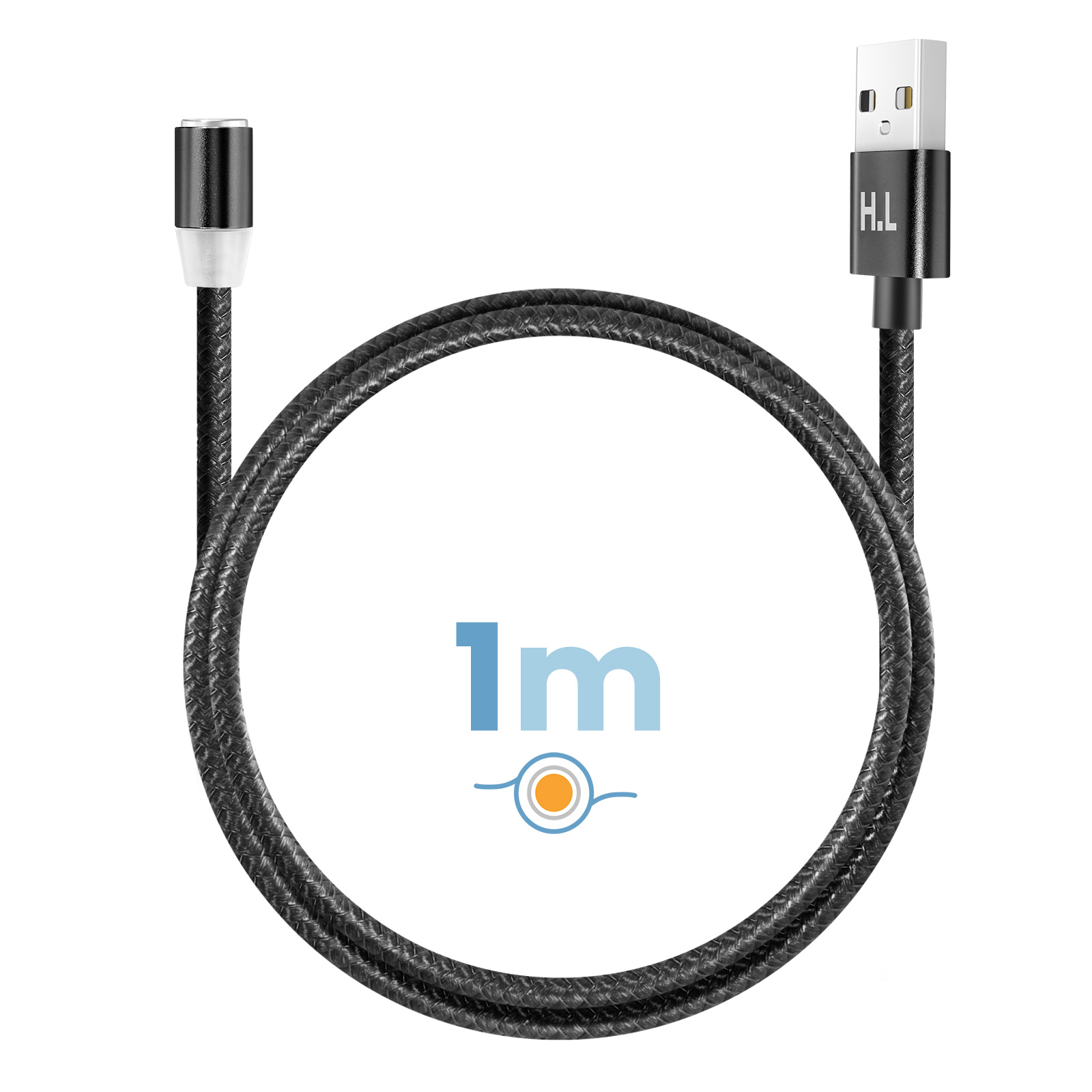 Câble USB tressé noir de 1m avec connecteur magnétique et prise USB-A.