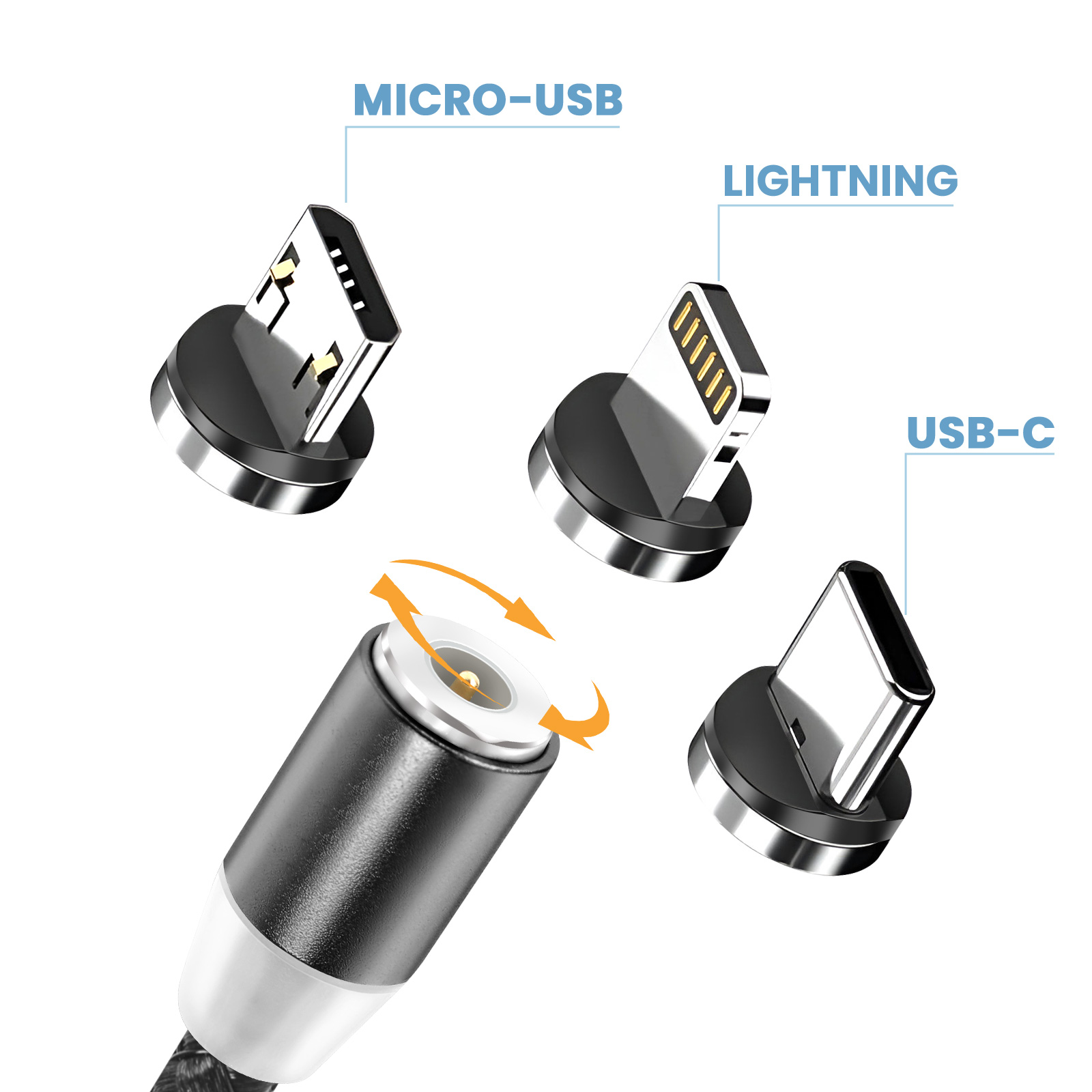 Adaptateurs de câble de chargement magnétique : Micro-USB, Lightning, USB-C