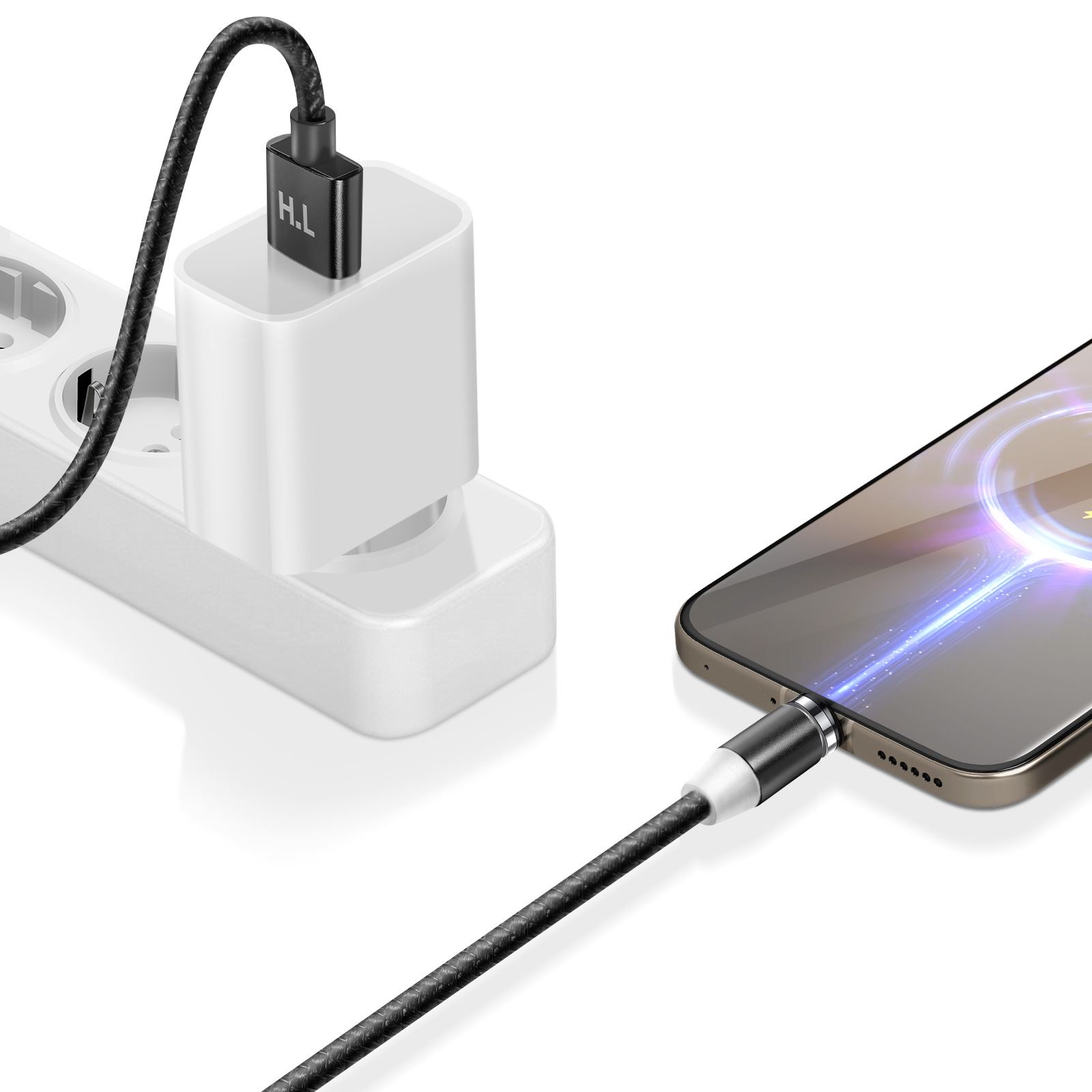 Un câble de chargement relie un smartphone à un adaptateur secteur blanc branché sur une multiprise.