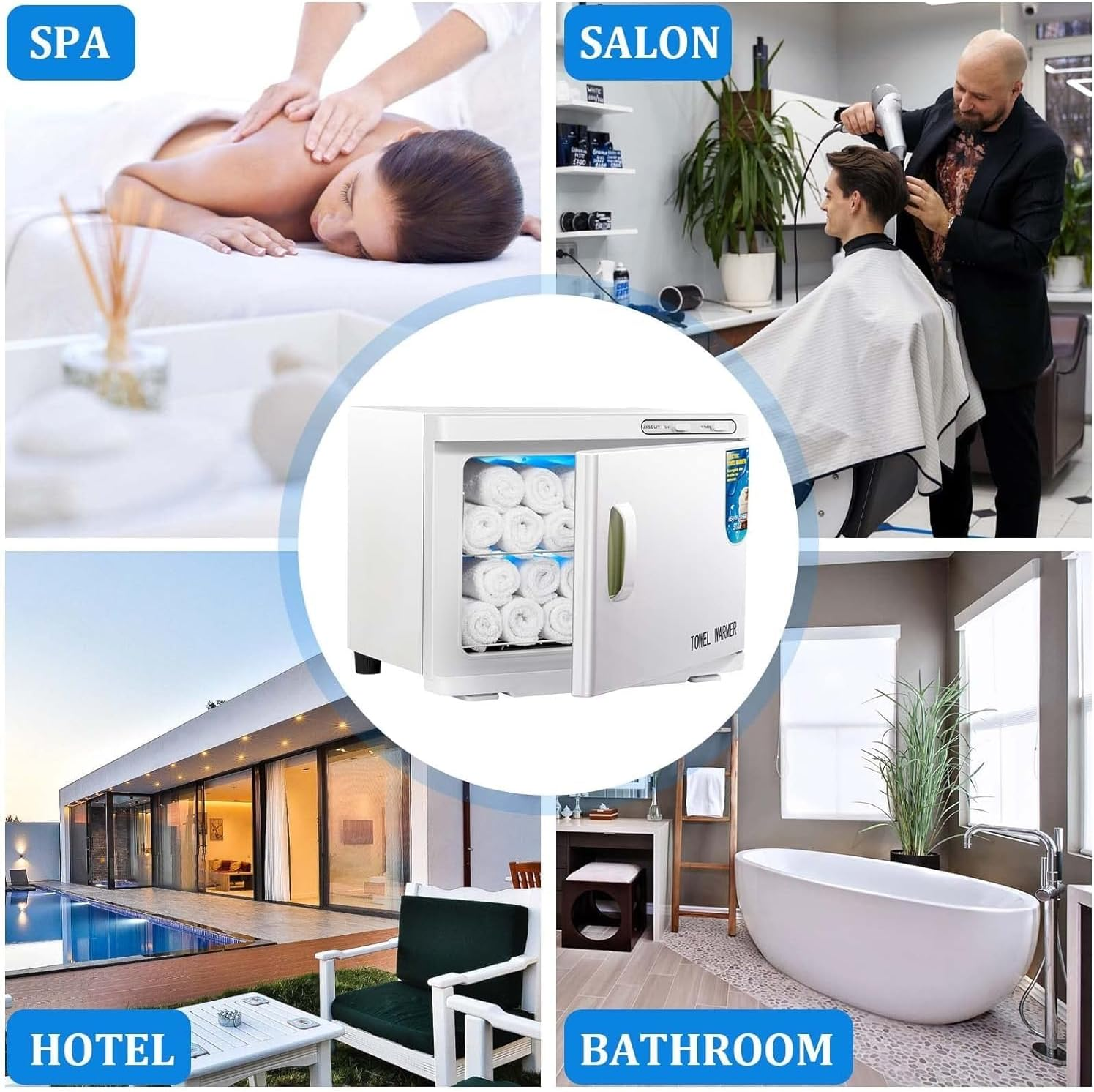 Collage mit Spa, Salon, Hotel, Bad und Handtuchwärmer.